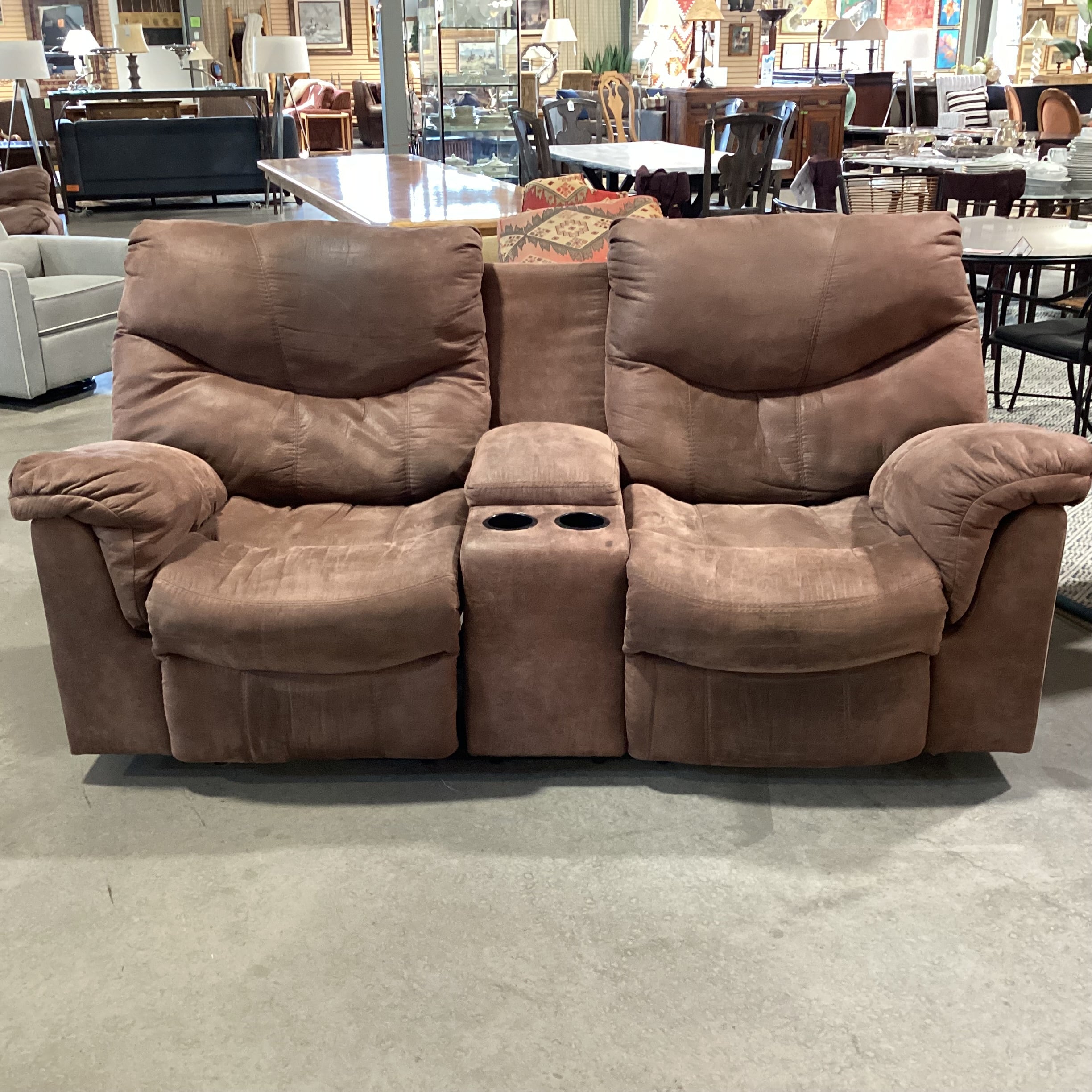 Brown Micro Suede Double Reclining with Console Sofa 85"x 35"x 41"