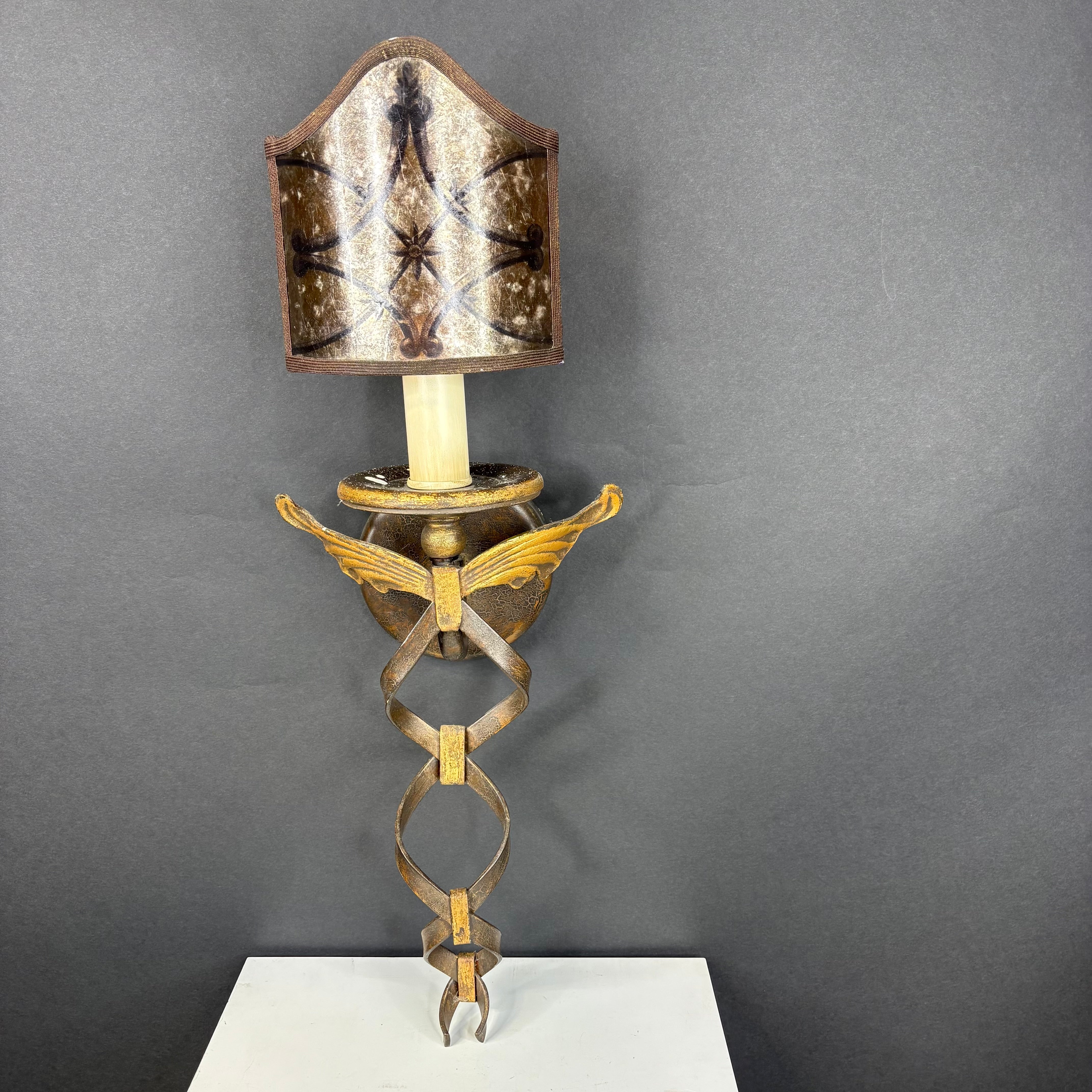 Fine Arts Villa 1919 1-Light Rich Umber Gilded Accents with Hand Decorated Mica Shade Wall Sconce 8”x 22”x 6.5”
