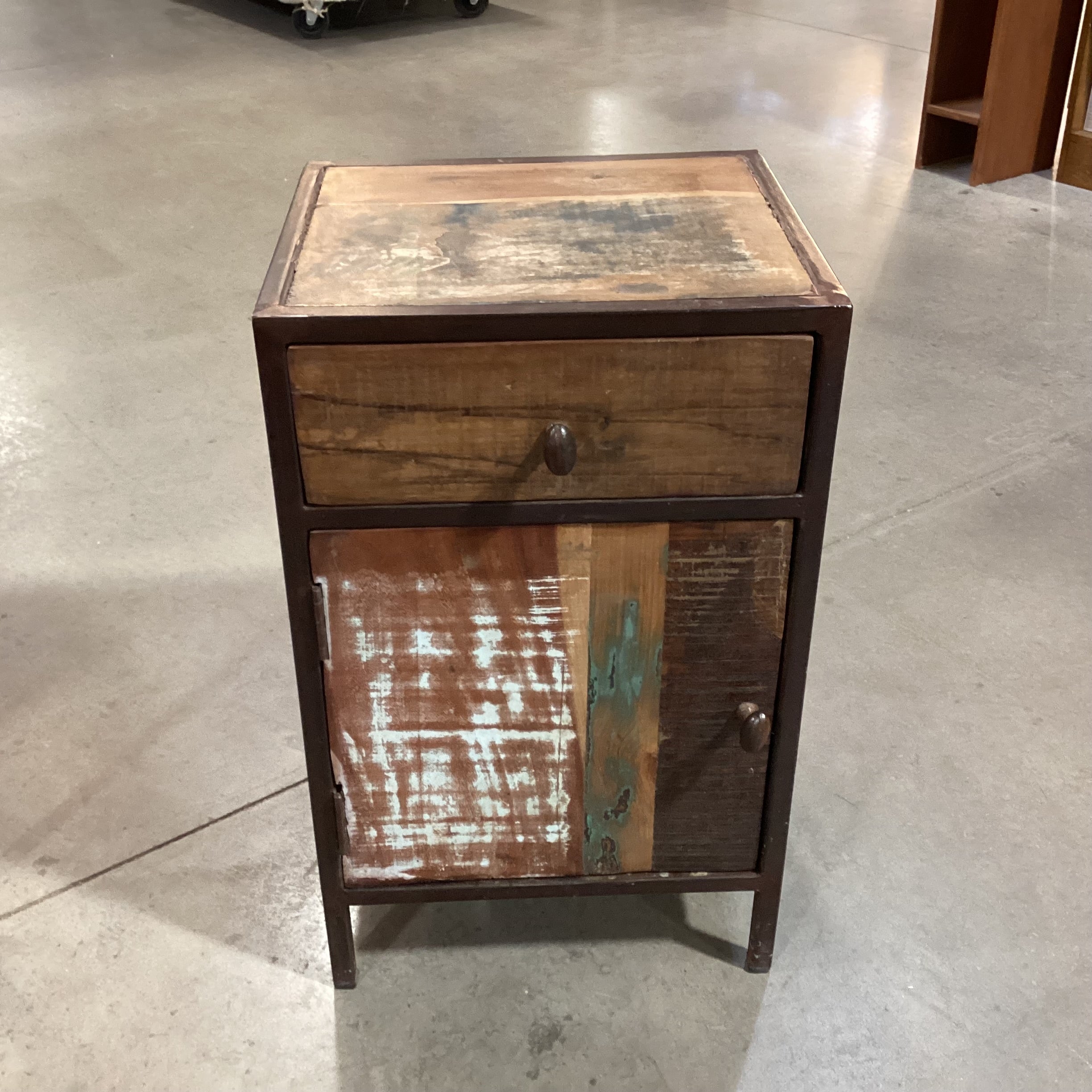Rustic Distressed Wood & Iron 1 Drawer 1 Door End Table 16"x 14"x 26"