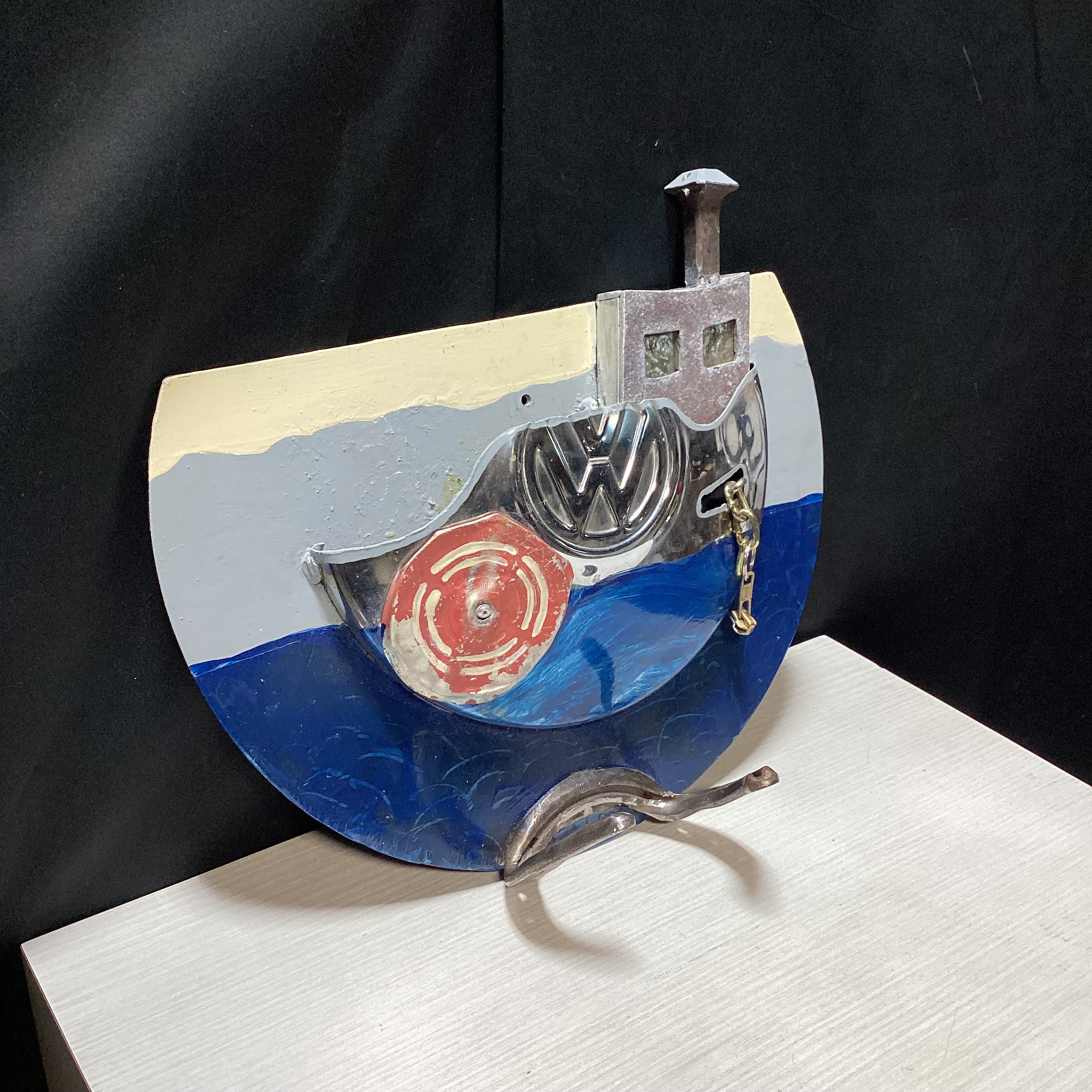 Gwendolyn Signed Handmade Mixed Media VW Fishing Boat Wall Hook 13" x 14"