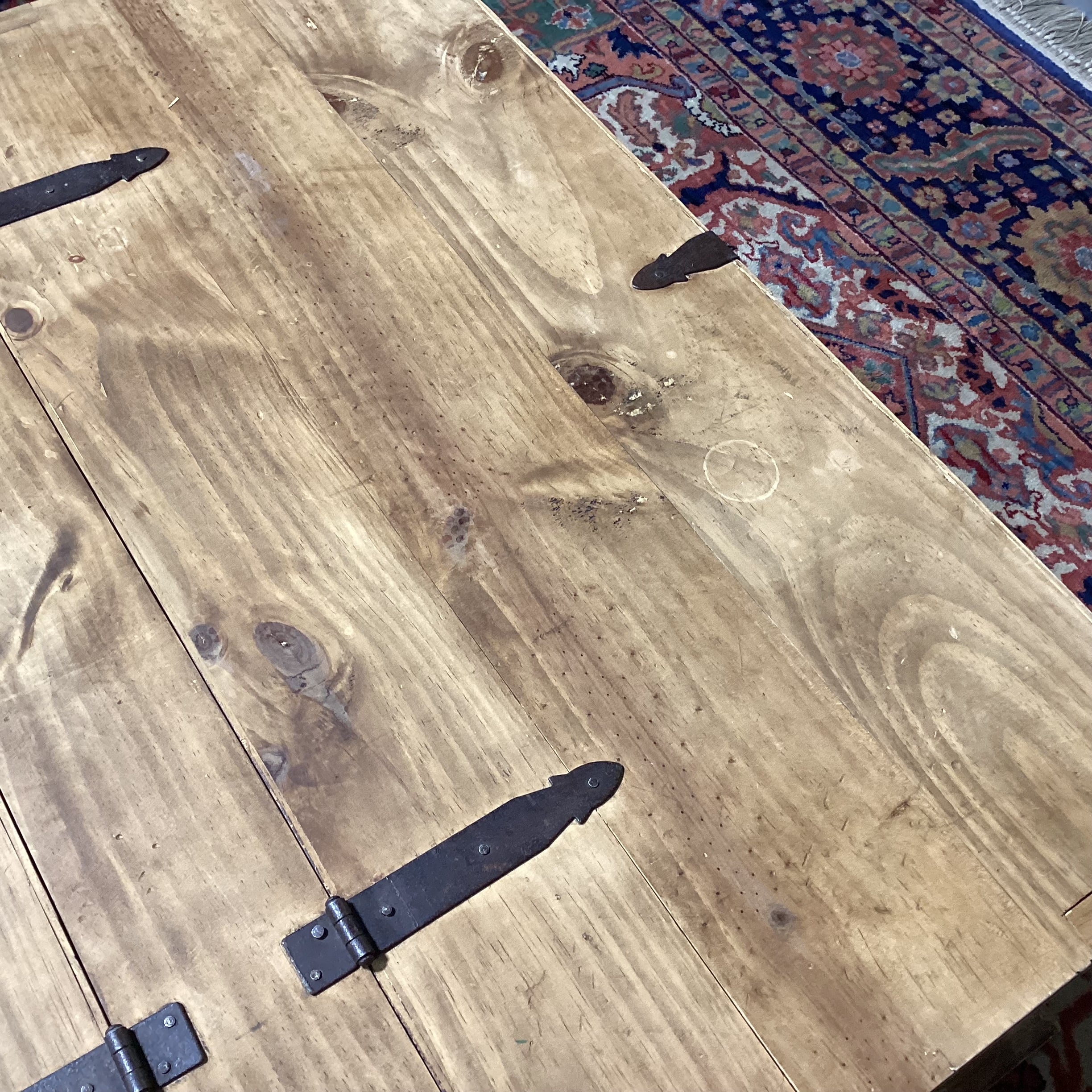 Rustic Pine with Iron Accent Trunk Style with 2 Lift Door Top Storage Coffee Table 41.5"x 43.5"x 18.5"