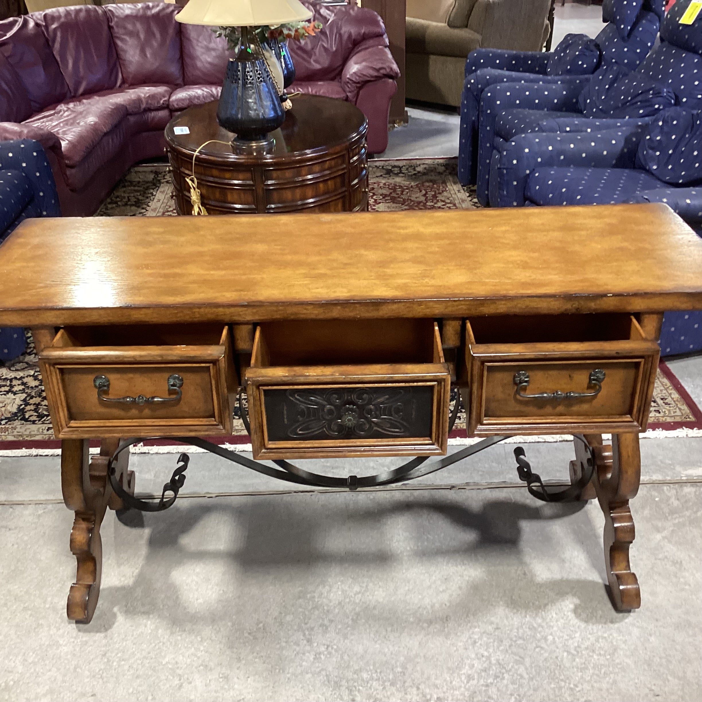Maitland Smith Distressed Finish Carved Wood & Ornate Iron Trestle 3 Drawer Console Sofa Table 58"x 19"x 32"