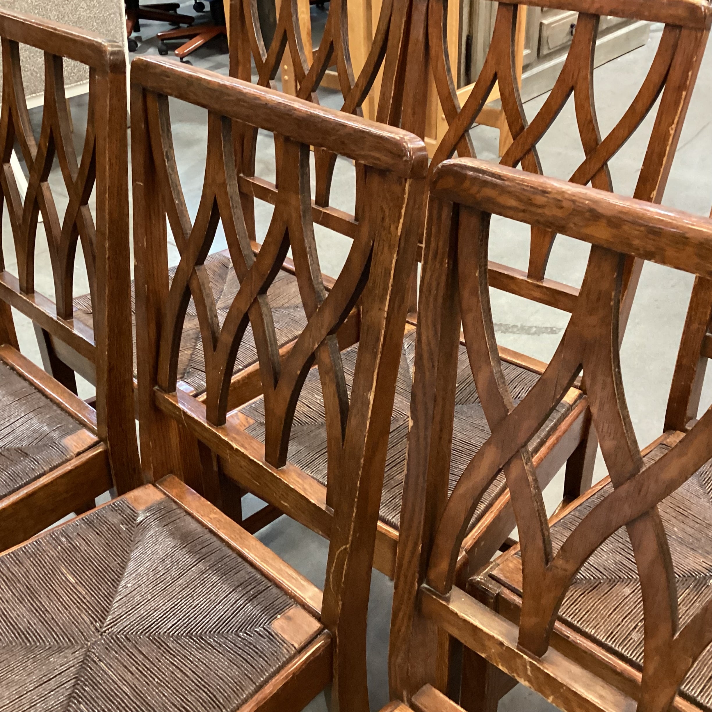 SET of 6 Vintage Antique Lattice Back & Rush Seat Dining Chairs 17"x 20"x 38"