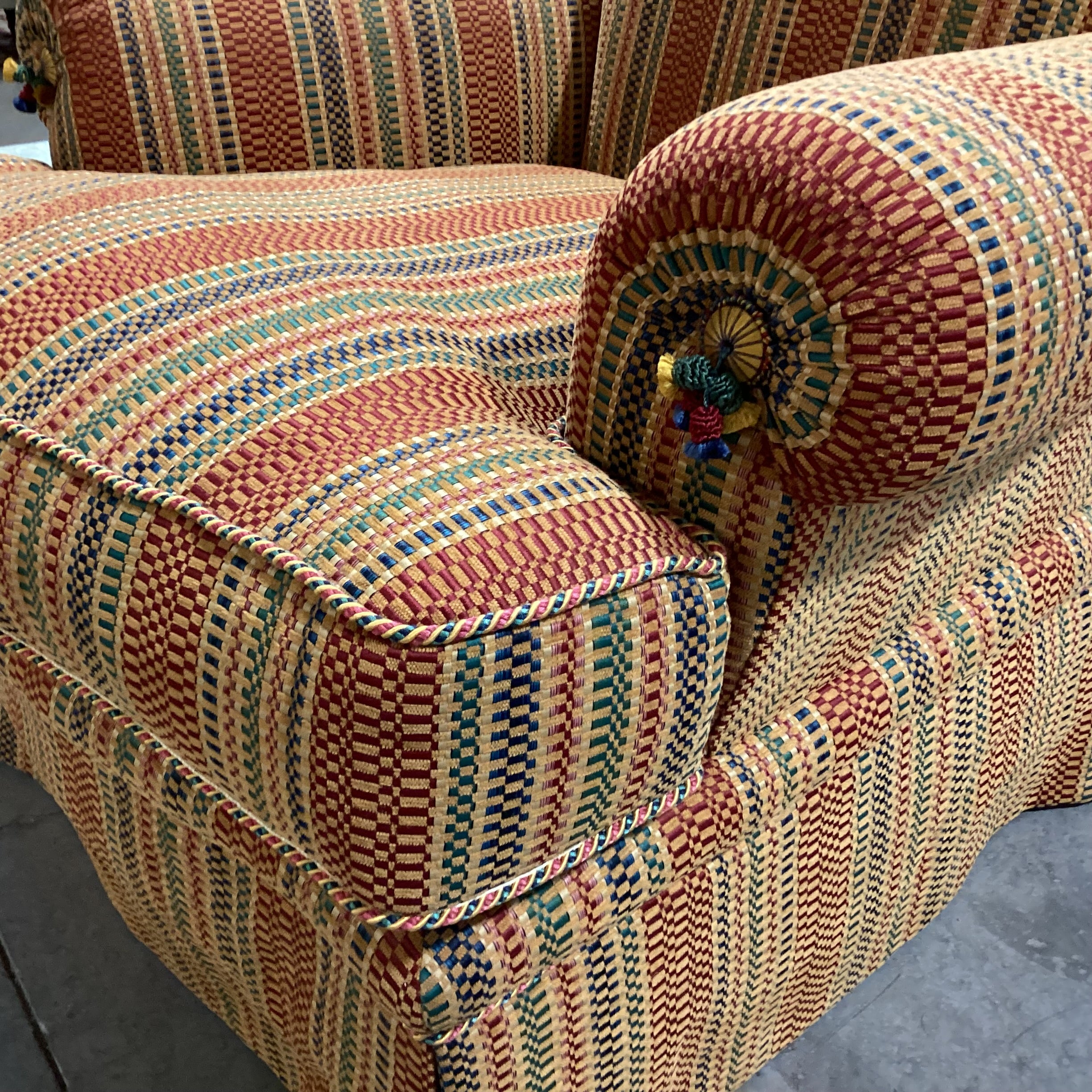 JJ Custom Gold Rust Green Blue Woven Ribbon Stripe Chair 40"x 35"x 42"