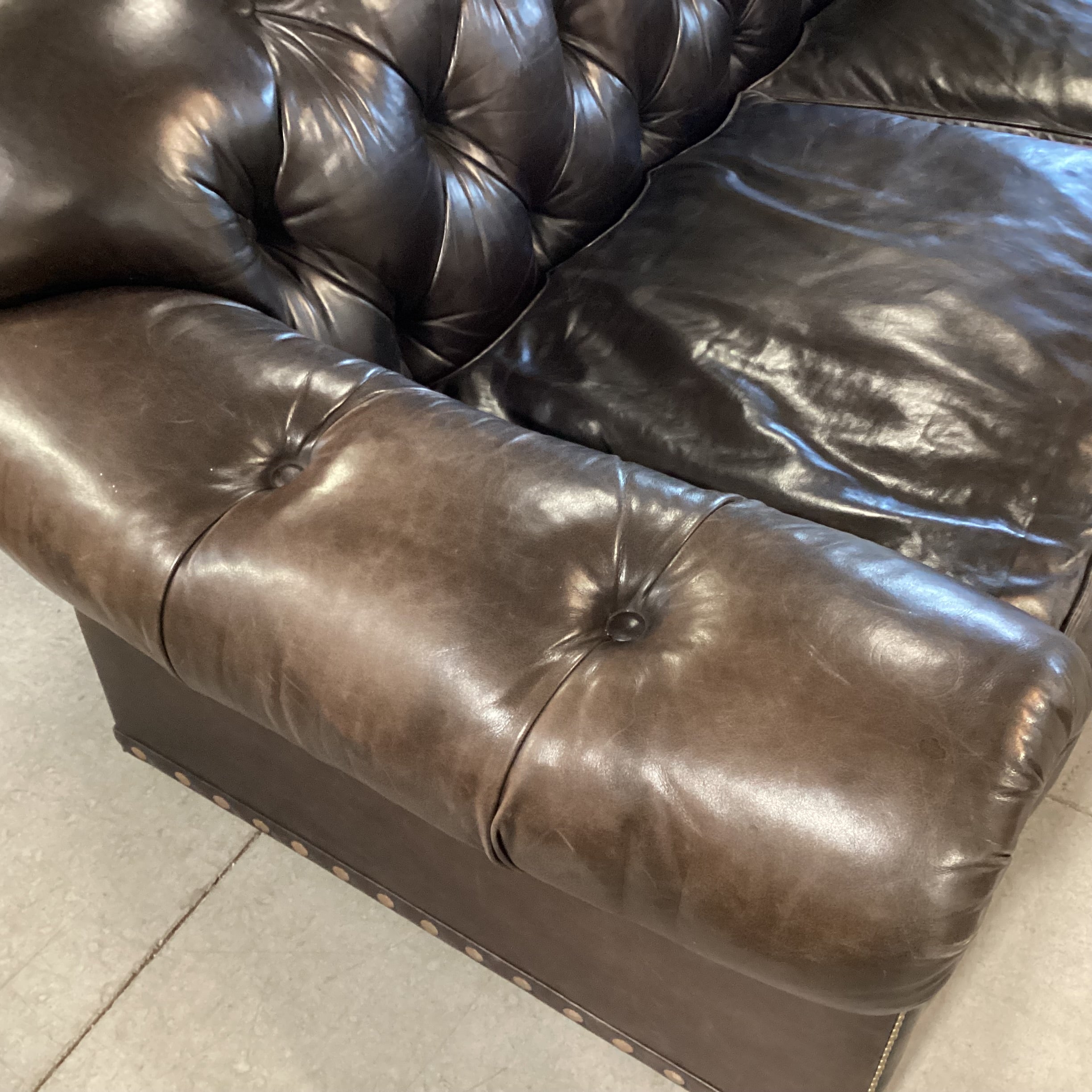 JJ Custom Dark Espresso Leather Tufted Down Mix with Nailhead Detail Sofa 98"x 40"x 36"