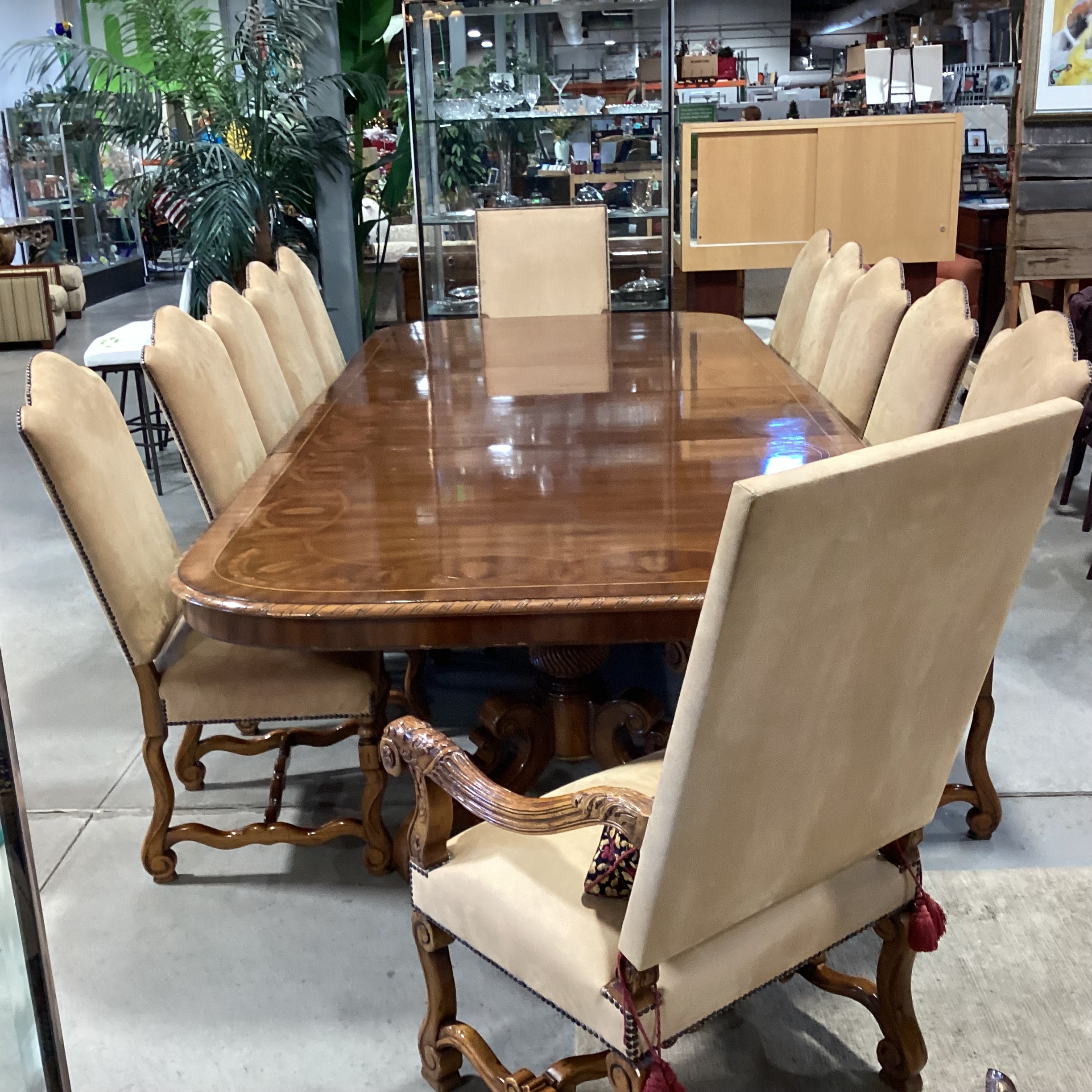 Alfonso Marina Ebanista Ornate Carved & Inlay 2 Leaves Double Pedestal Table with 12 Chairs Dining Set 142"x 60.5"x 30"