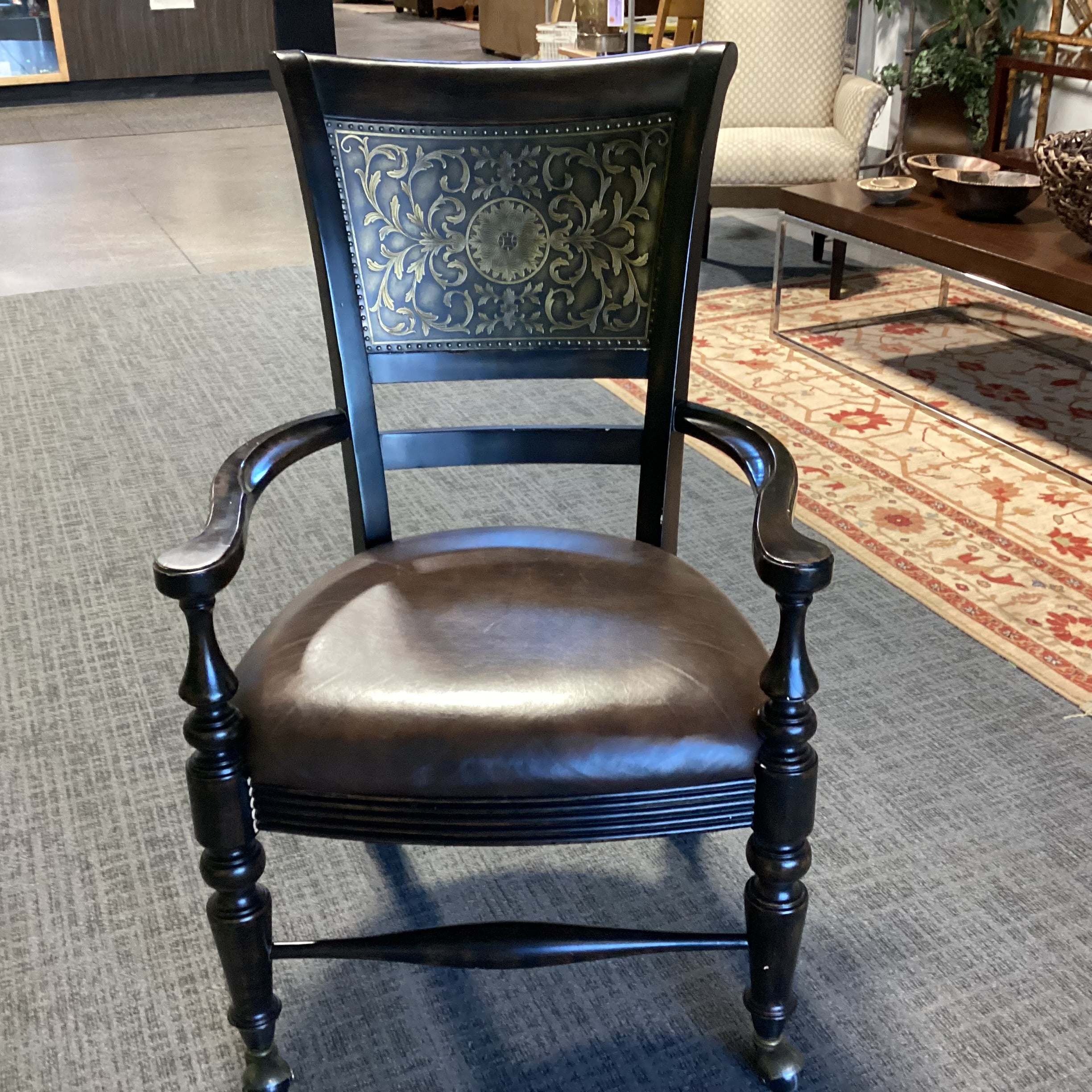 Black Distressed Wood Leather Seat & Ornate Metal Back Detail Frisco Castered Chair 24"x 23"x 40"