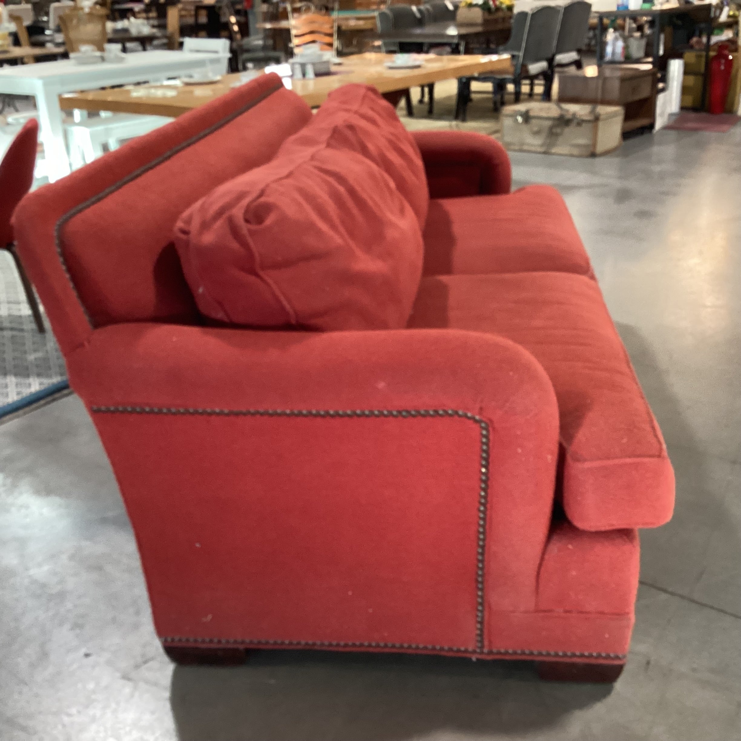 Stanford Furniture Red Boucle Nailhead Down Mix Sofa 90"x 41"x 37"