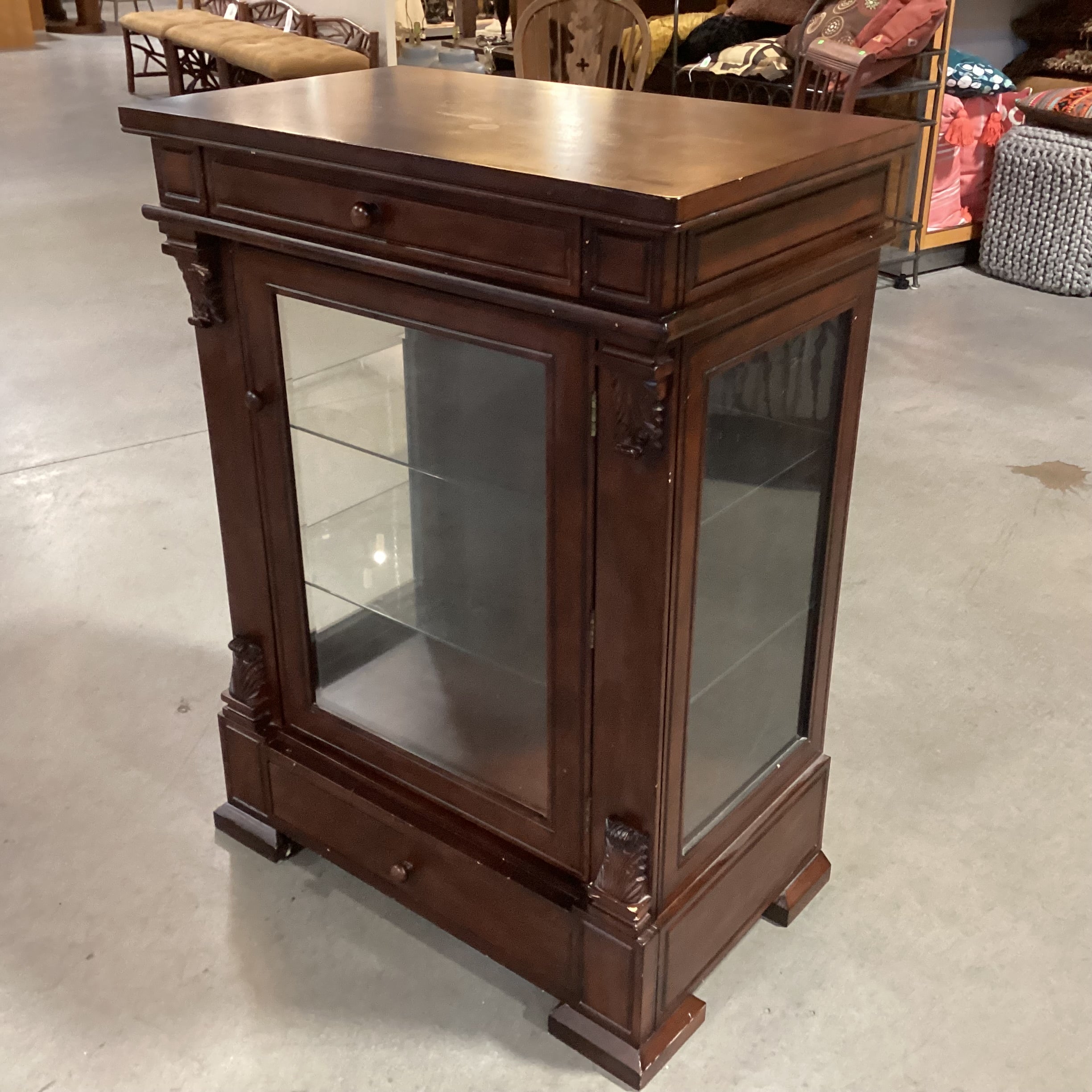 Dark Finish Carved & Glass 2 Drawer & Shelves Display Cabinet Bookcase