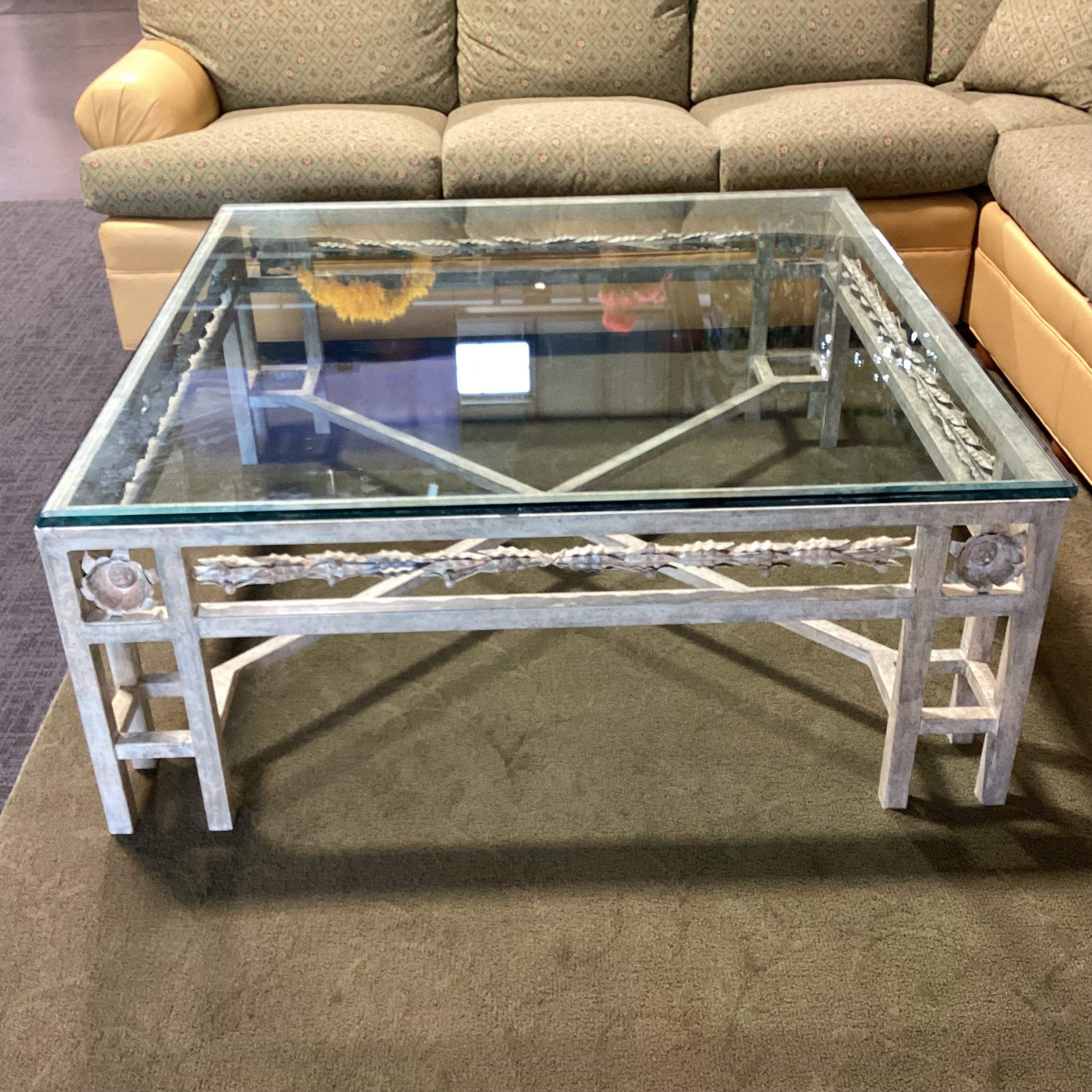 Brushed Antiqued Ivory Iron with Floral Detail & Glass Coffee Table 48"x 48"x 20"