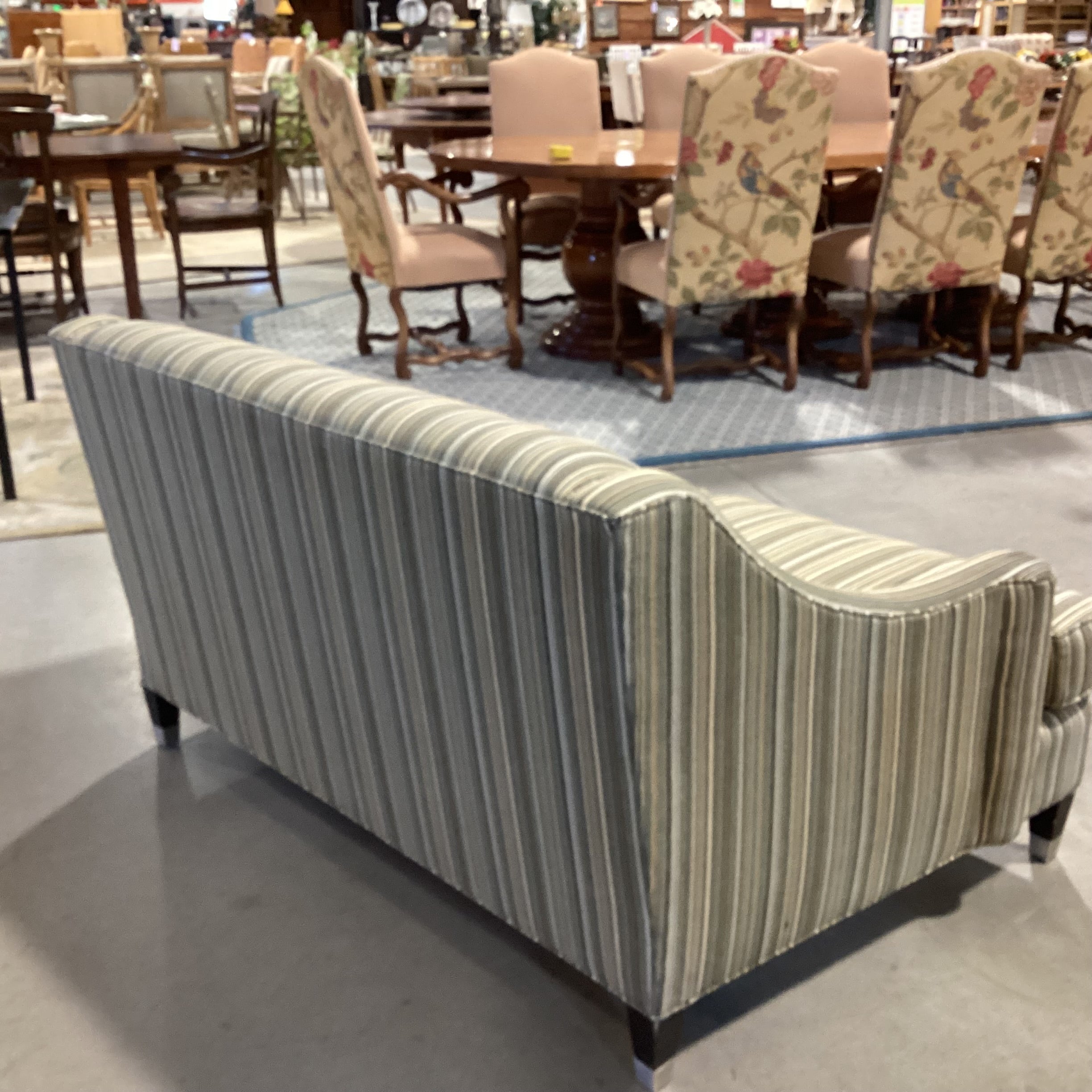 Room & Board Green Gold Brown Stripe with Slope Arm Loveseat Sofa 60"x 36"x 31"