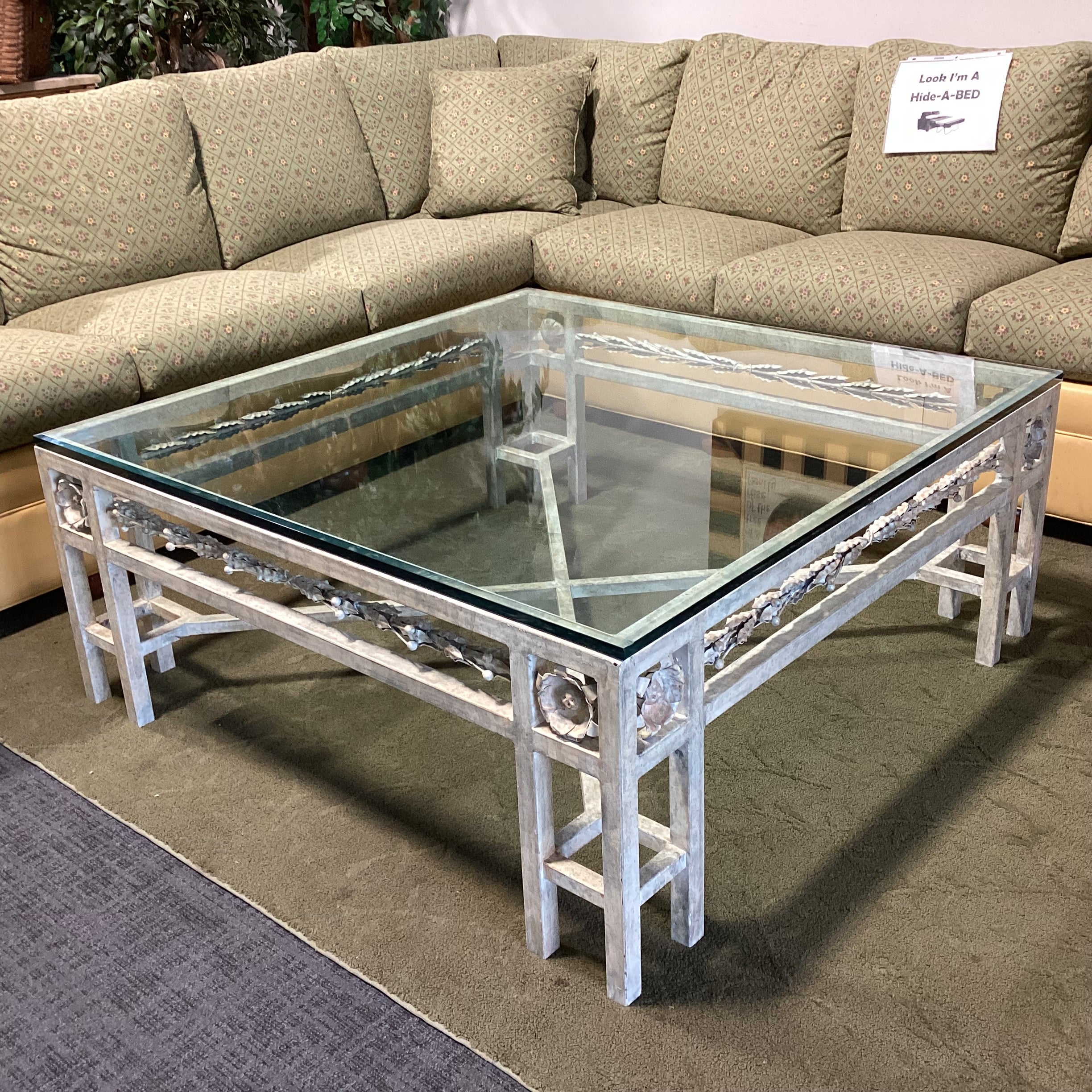 Brushed Antiqued Ivory Iron with Floral Detail & Glass Coffee Table 48"x 48"x 20"