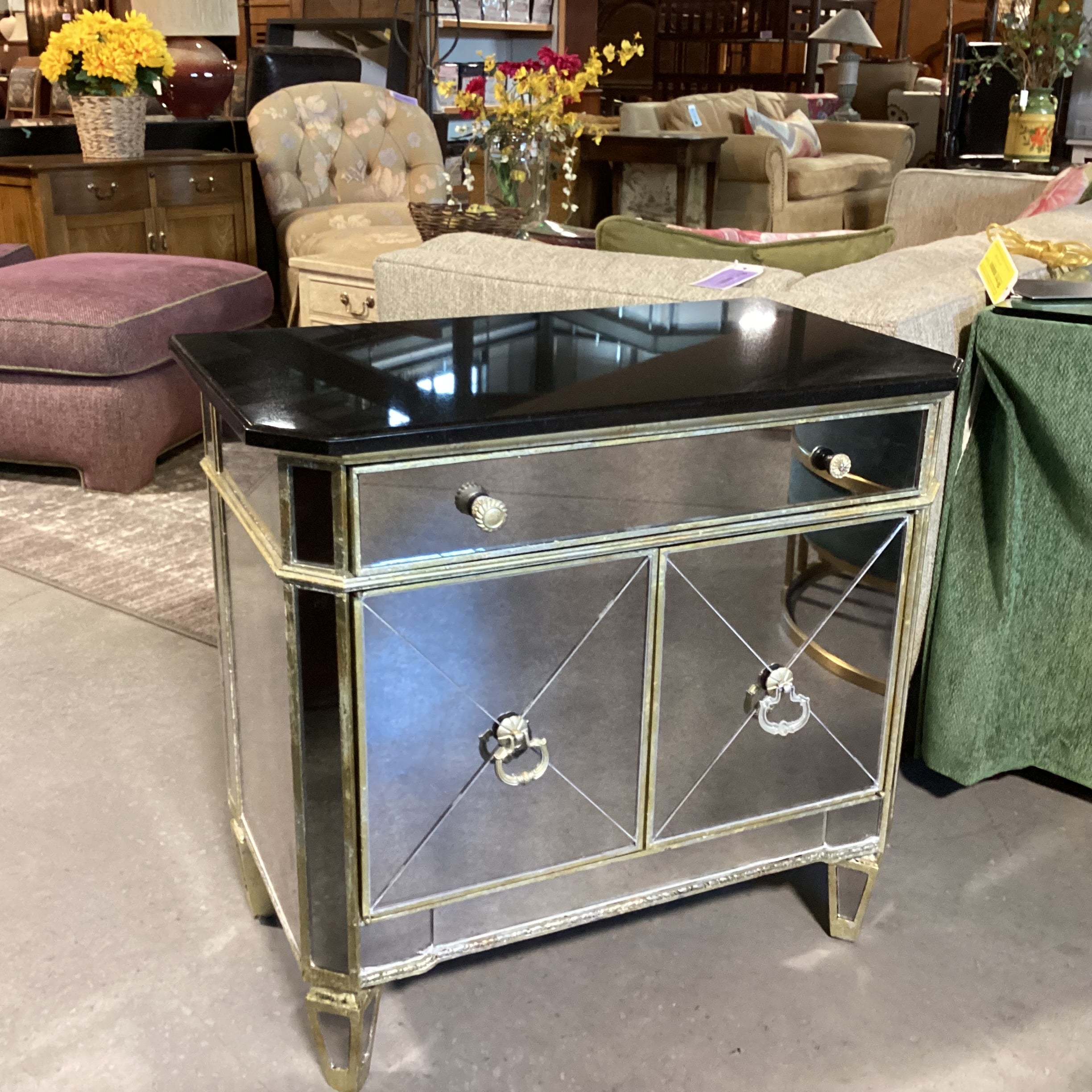Antiqued Gold with Mirror & Black Granite Top 2 Door Night Stand 30.5"x 17.5"x 29"