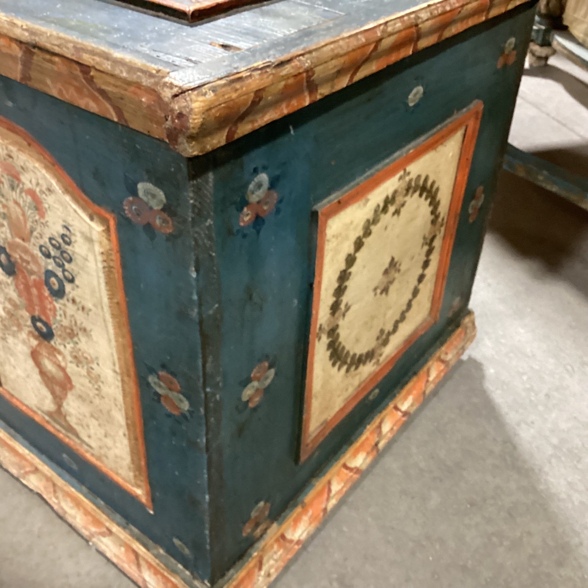 Antique Carved Wood Hand Painted Blue with Floral Panels Trunk 42"x 25"x 23.5"