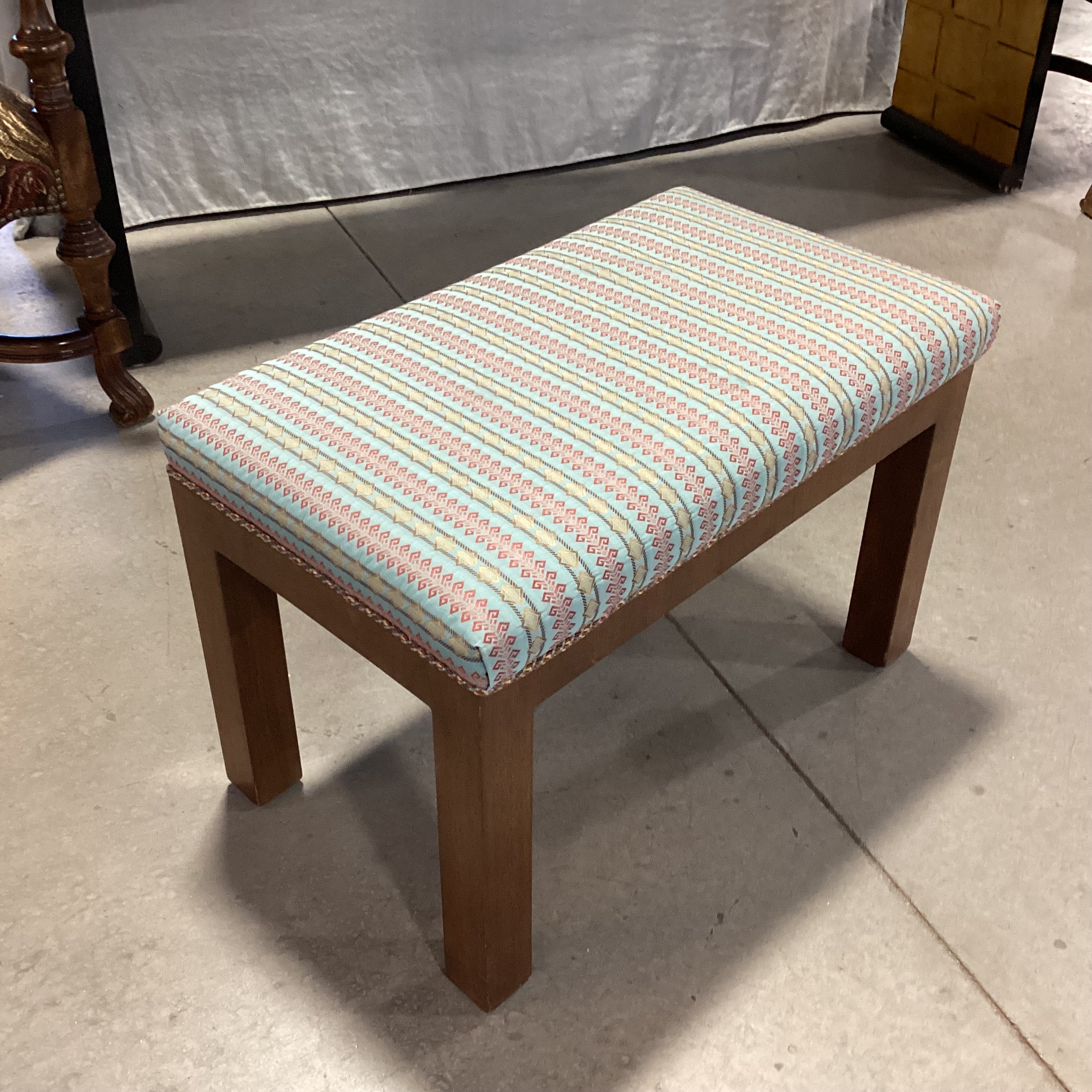 Blue Red & Gold Ribbon Style Fabric & Wood Bench 29.5"x 17.5"x 19.5"