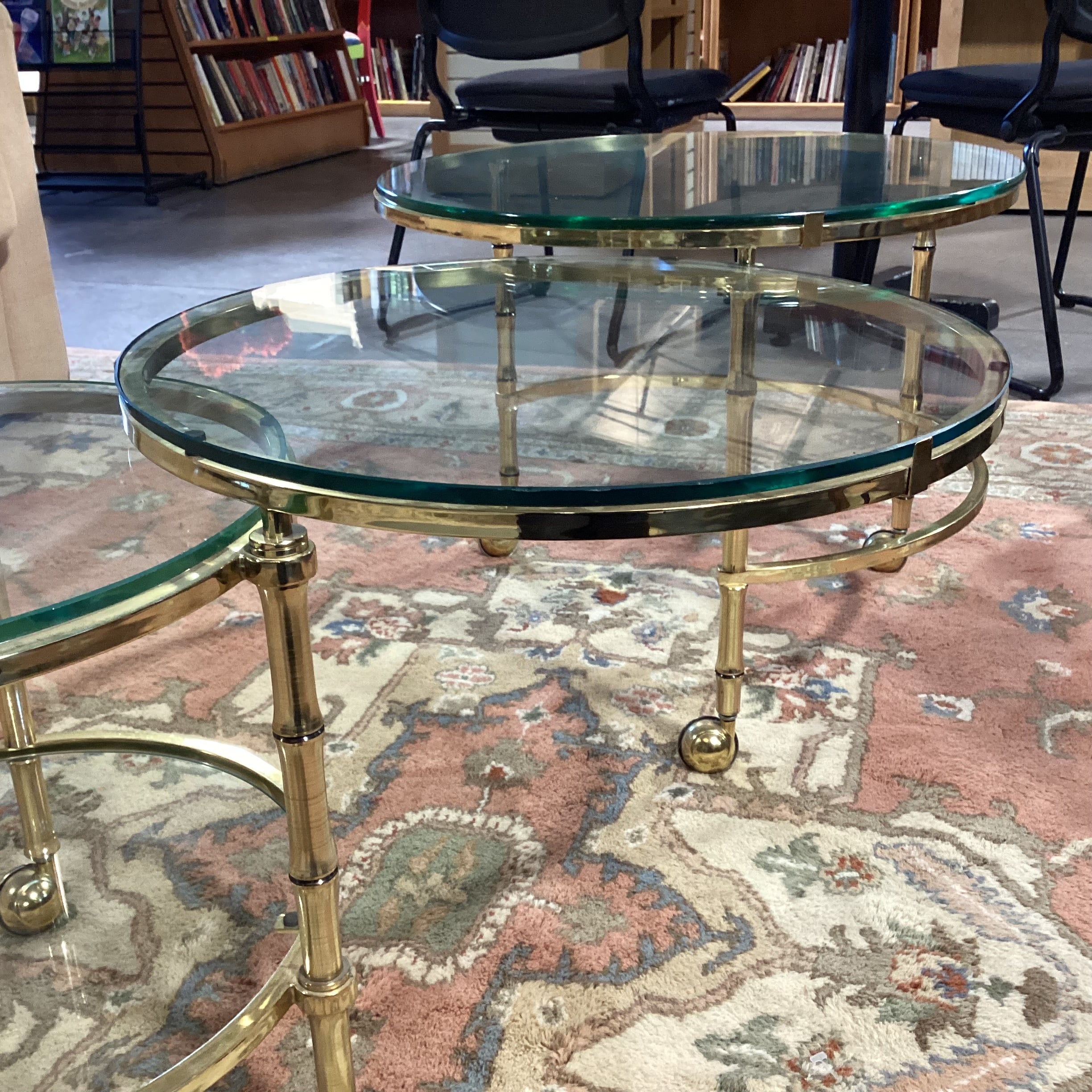Vintage Mid Century Brass Bamboo Style & Glass Rounds on Casters Fold in Expandable Coffee Table 25" to 56"x 22"x 18"