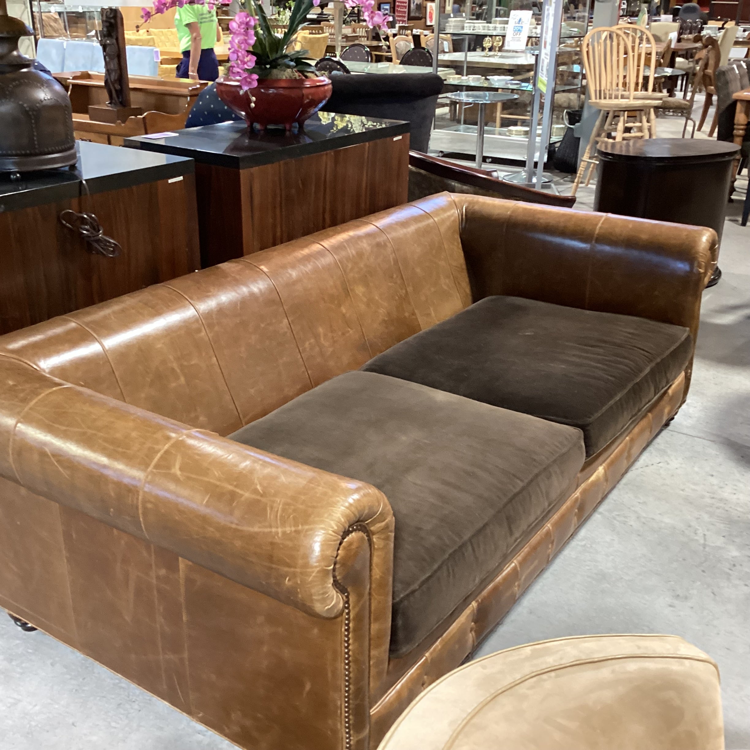 Leather Nail Head Roll Arm & Back with Brown Velvet Seat Cushions Sofa 94"x 46"x 30"