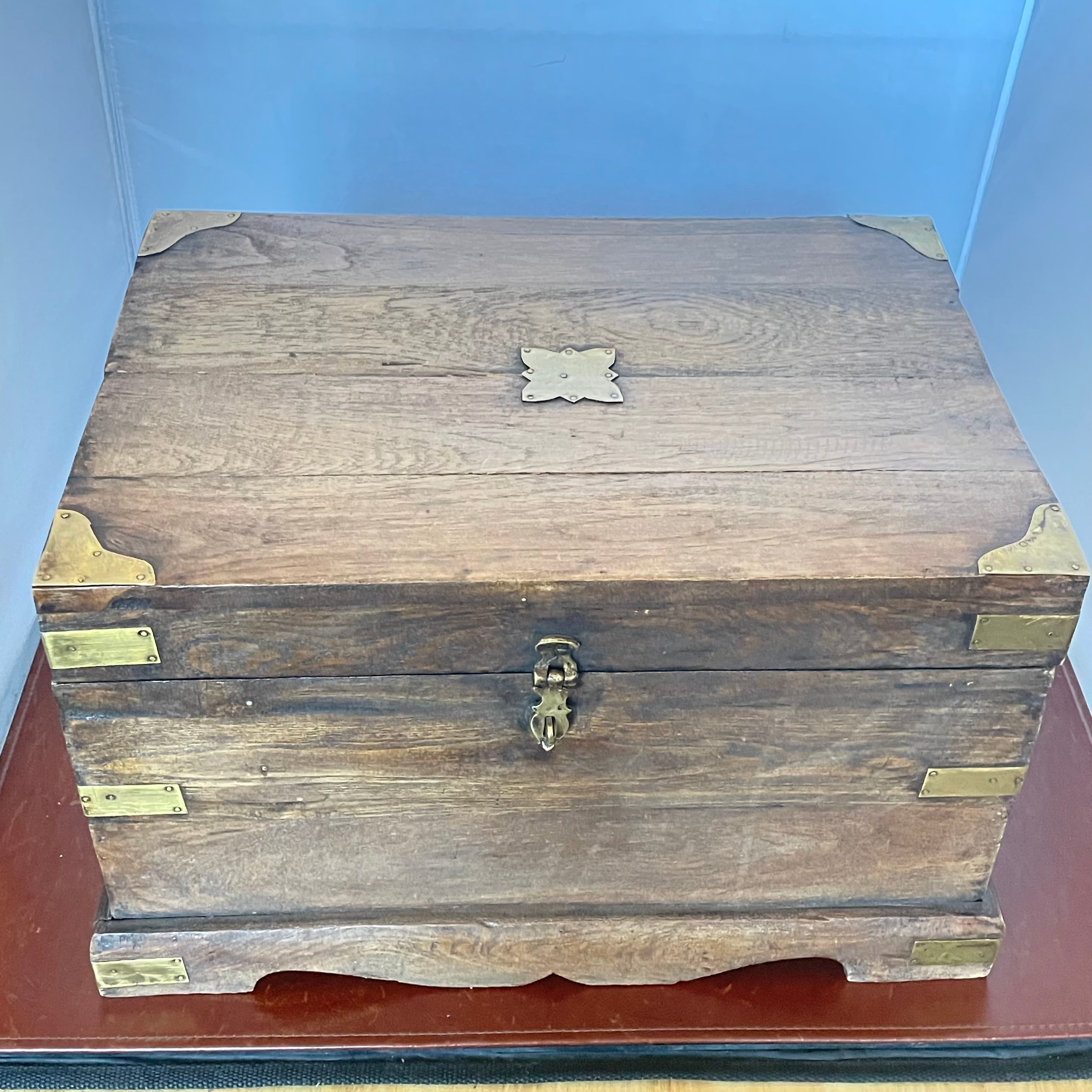Antique Handcrafted Wood with Brass Hardware Campaign Chest, 16"x 11.25"x 10"