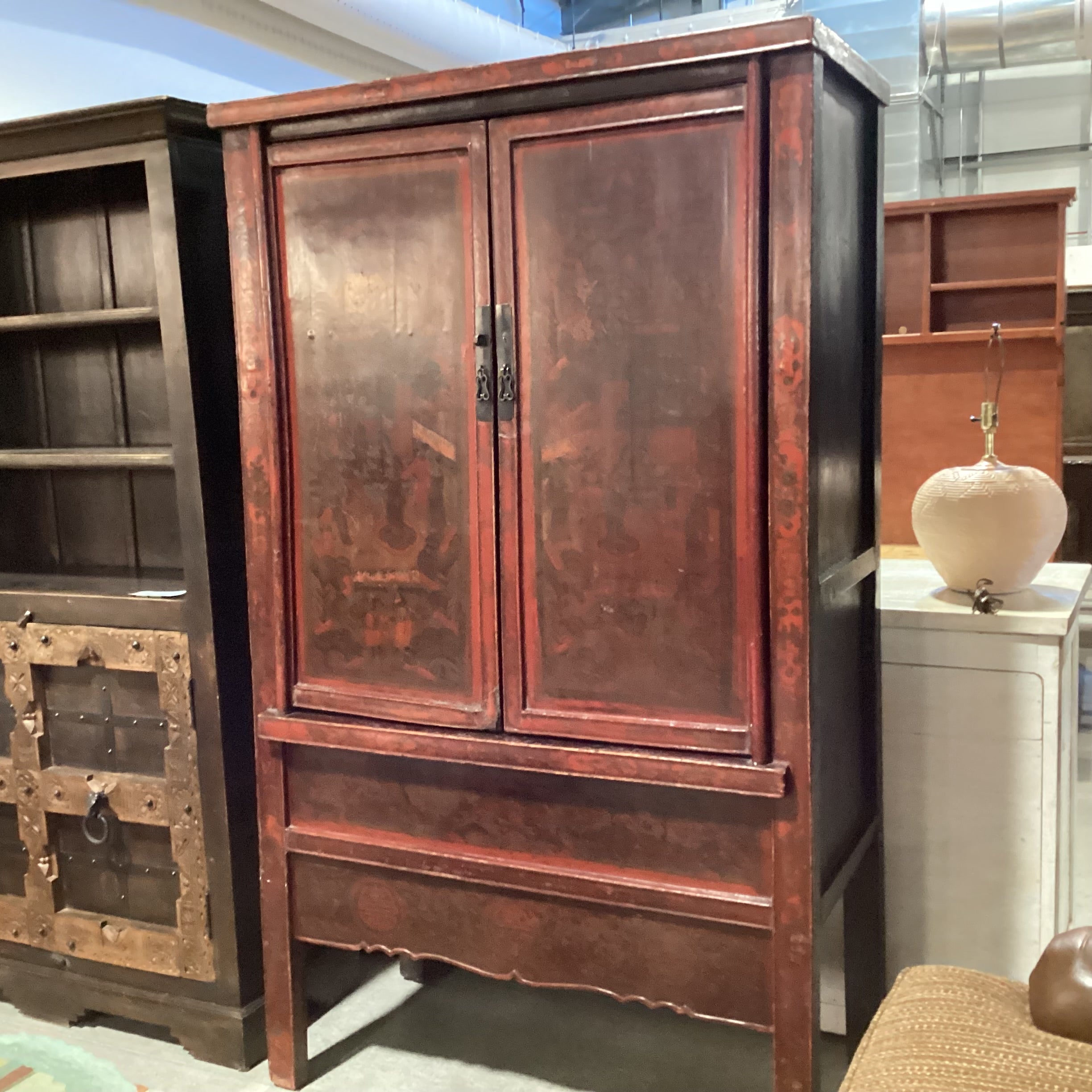 Antique Asian Red Lacquered 2 Door Armoire 45"x 23"x 77"