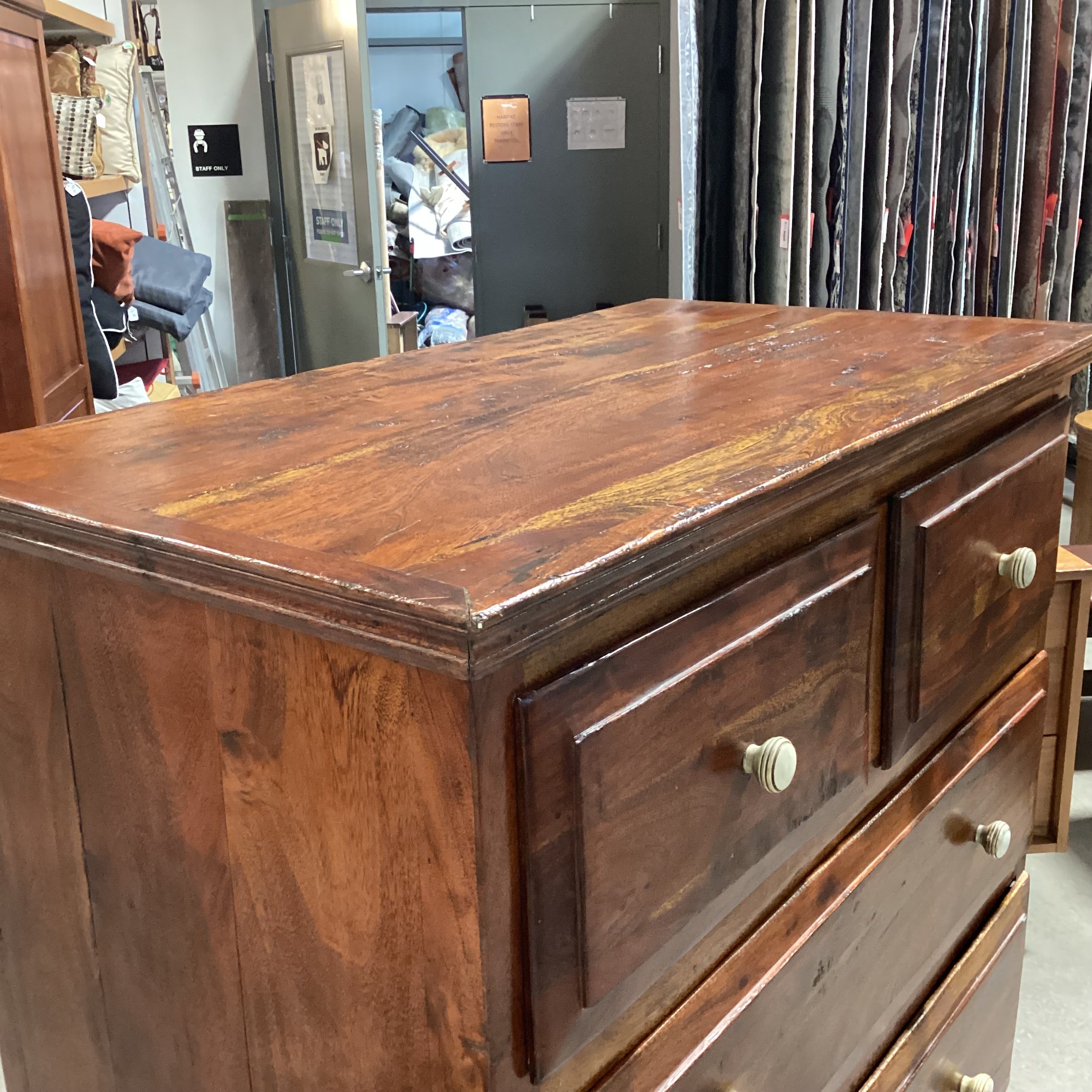 Solid Distressed Red Tone Finished Wood 5 Drawer Chest 39.5"x 21.5"x 54.5"