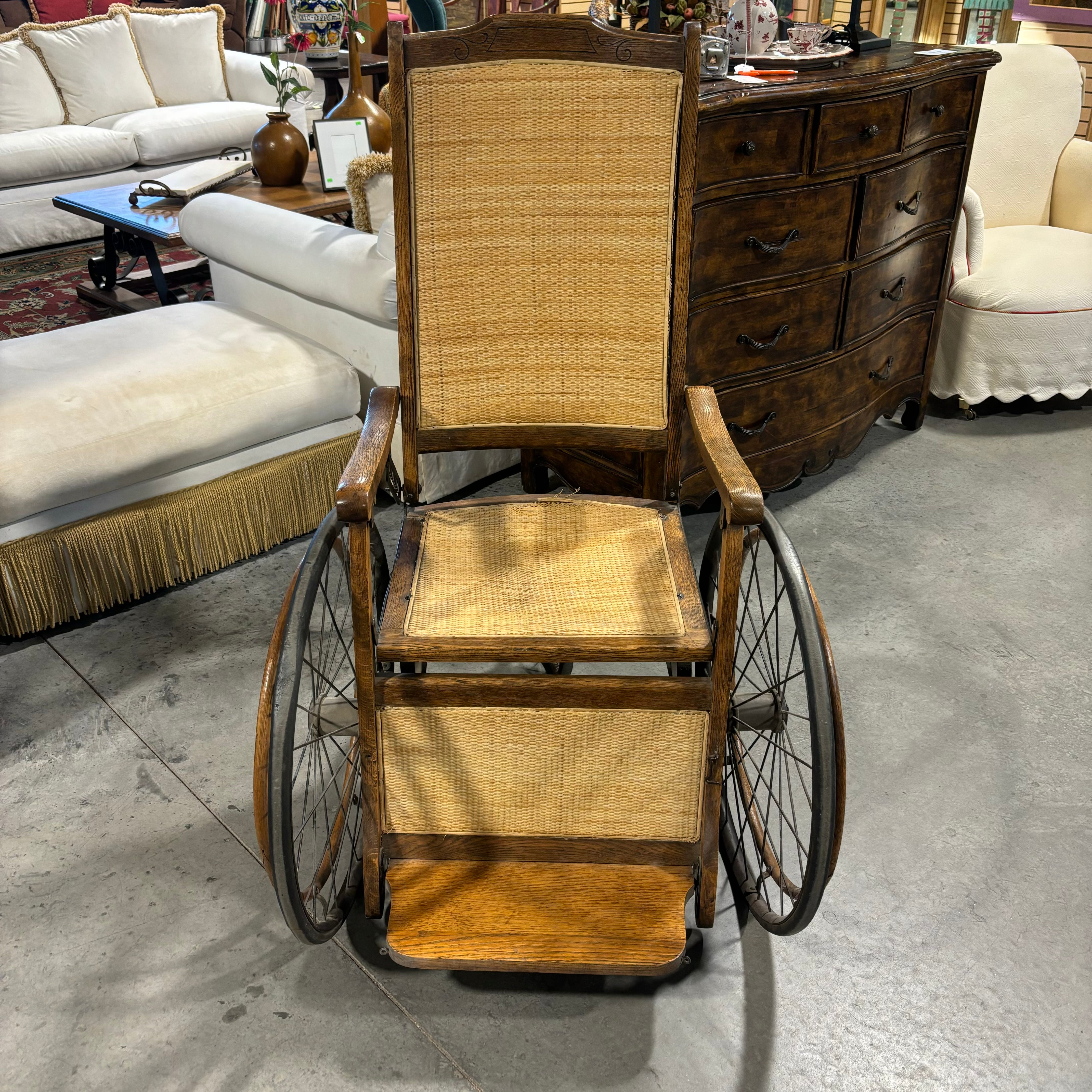 Antique Late 19th Century Oak & Wicker Genredon Wheelchair 30"x 36"x 39.5"