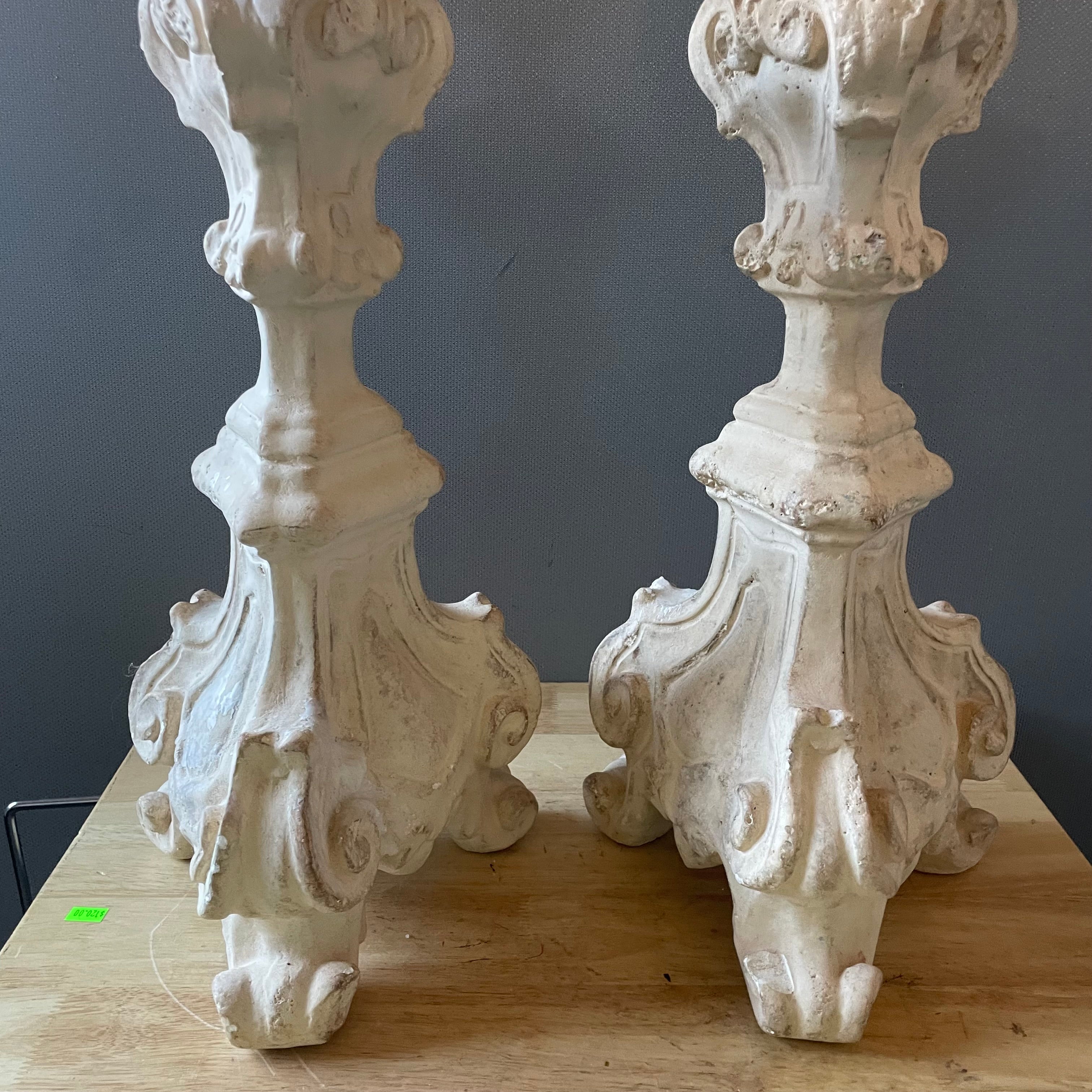 Vintage Baroque Style Composite Floor Candlesticks, Pair, 9.5"x 32"