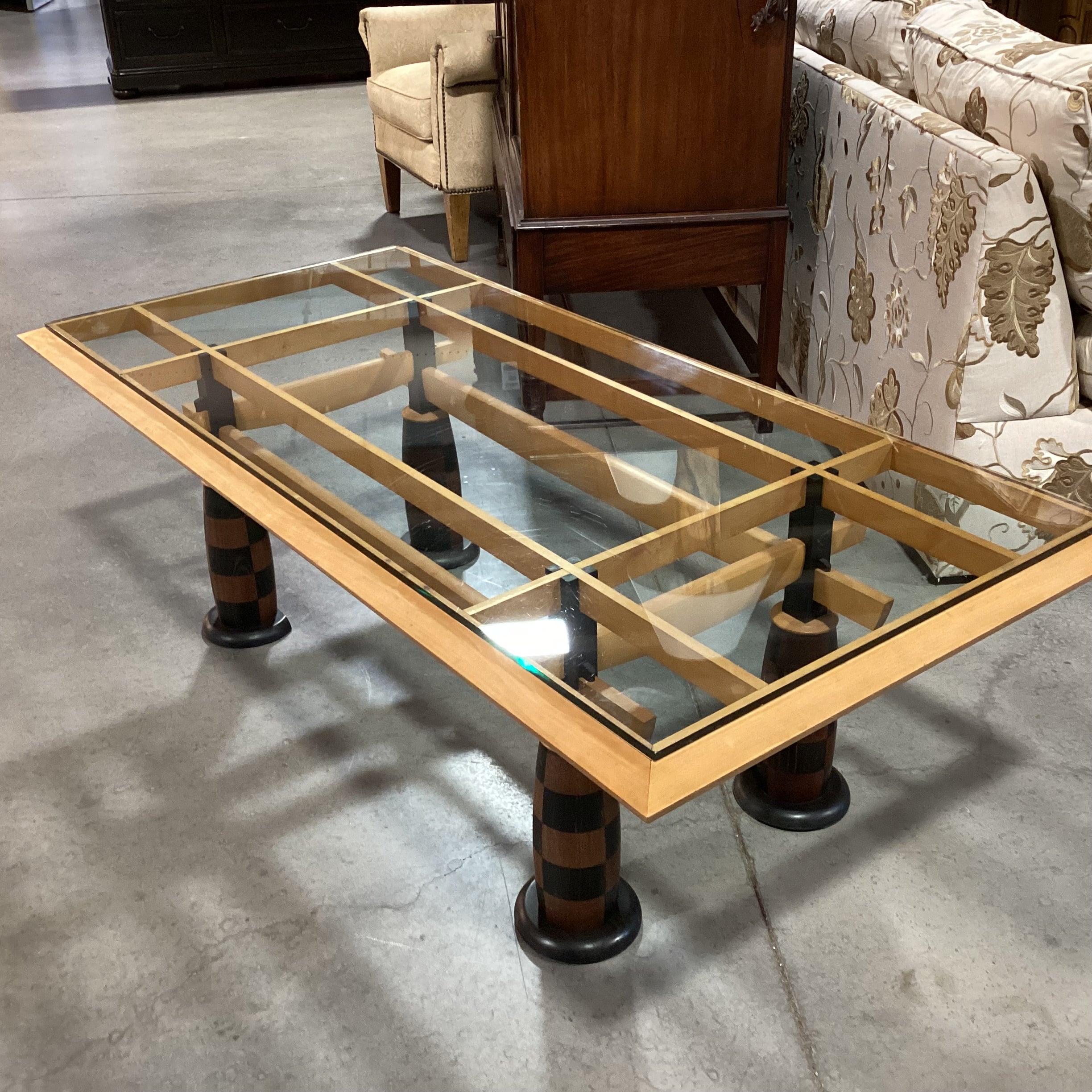 Vintage Mid Century Modern Wood & Glass with Checker Board Pattern Legs Coffee Table 59"x 28"x 19"