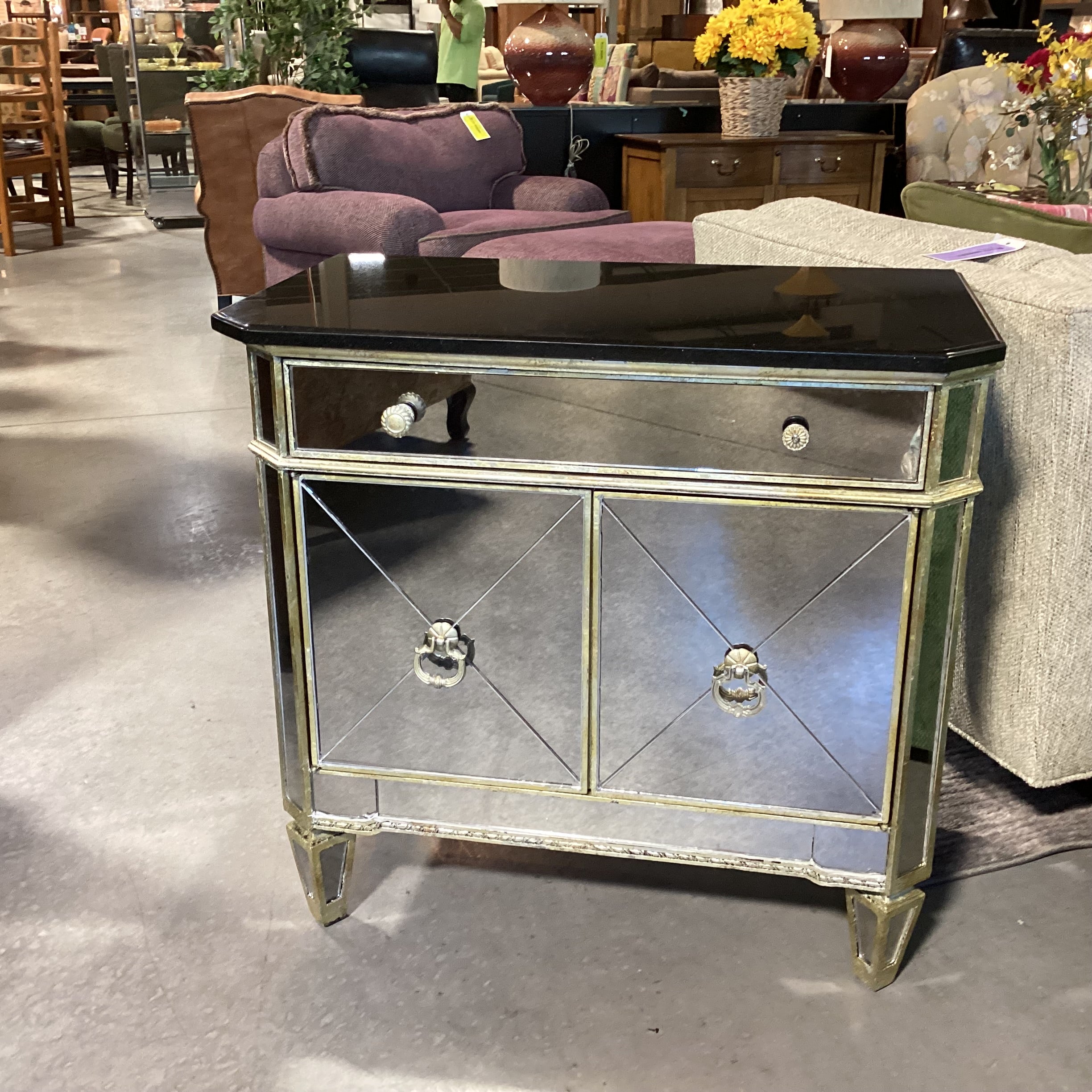 Antiqued Gold with Mirror & Black Granite Top 2 Door Night Stand 30.5"x 17.5"x 29"