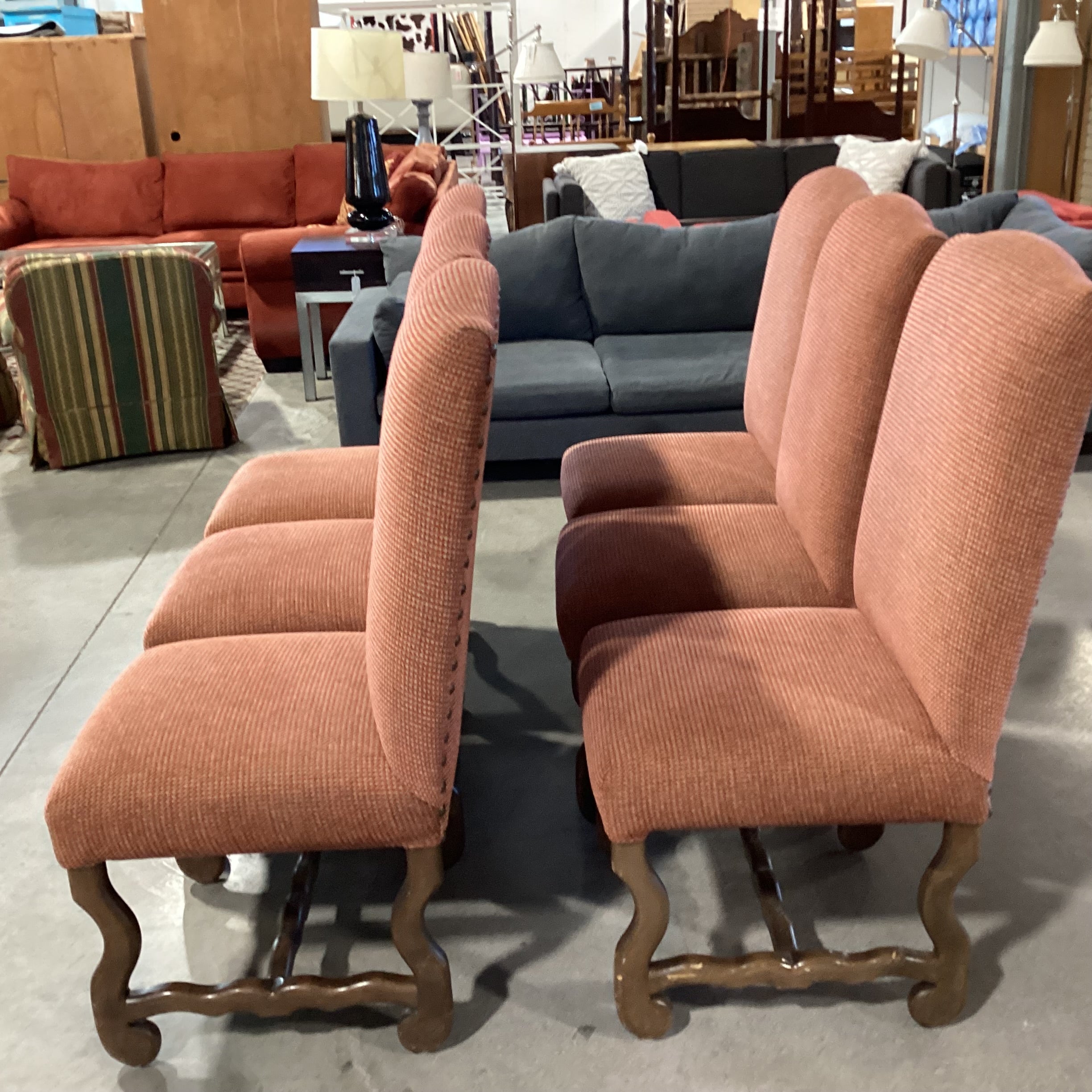 Set Of 6  Red Tan Woven Nailhead & Carved Wood Dining Chairs 21"x 26"x 46"