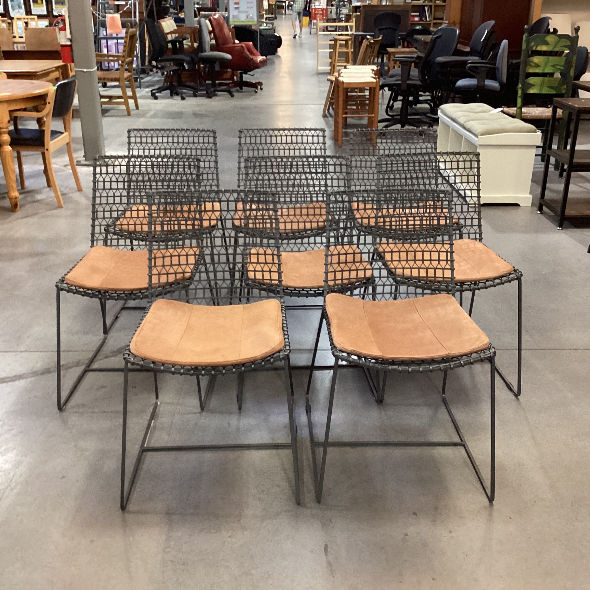 Set of 8 Crate & Barrel Tig Metal & Leather Cushion Dining Chairs  18"x 21"x 31"