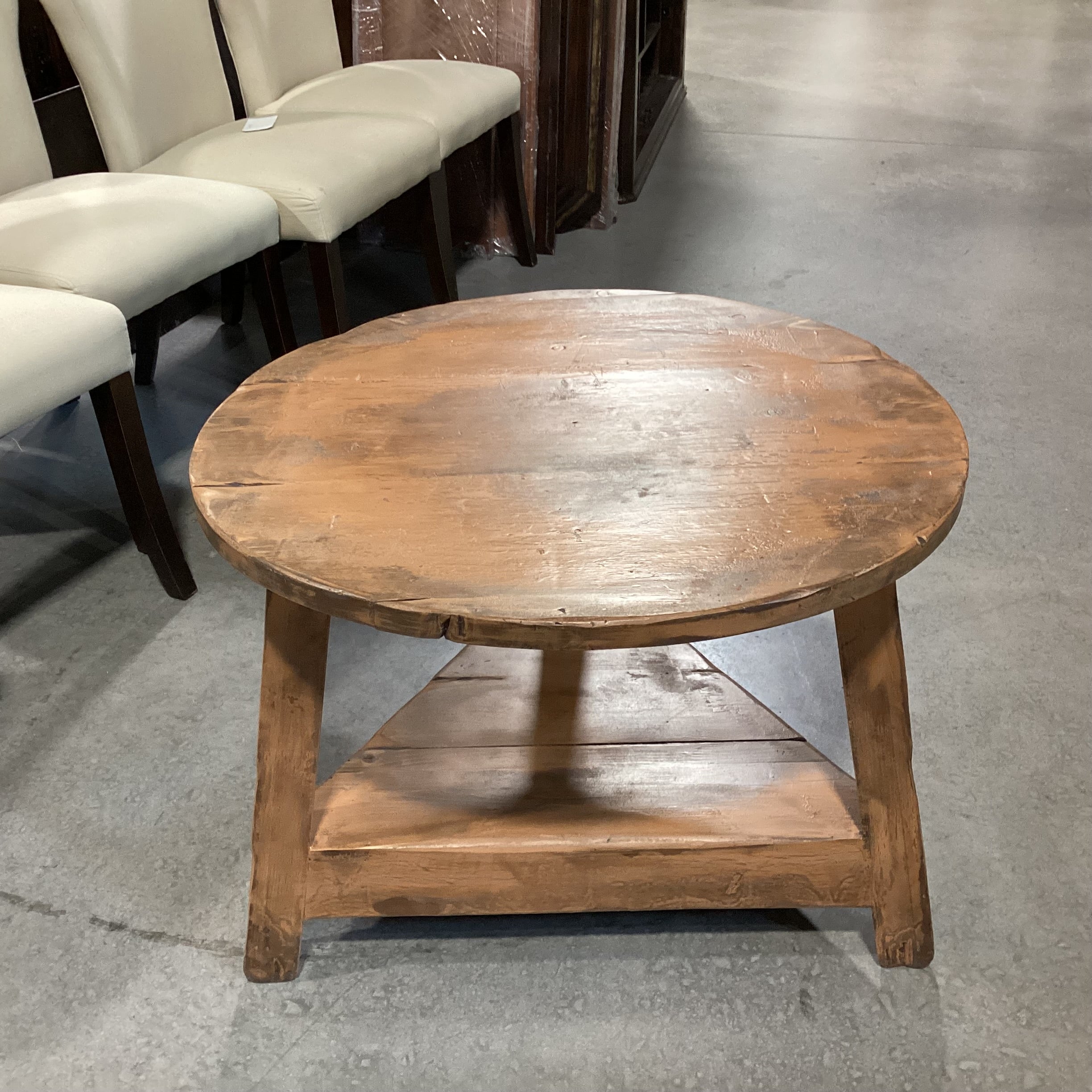 Distressed Antiqued Finish Round Tri-Leg with Shelf End Table 29.5" Diameter x 22.5"