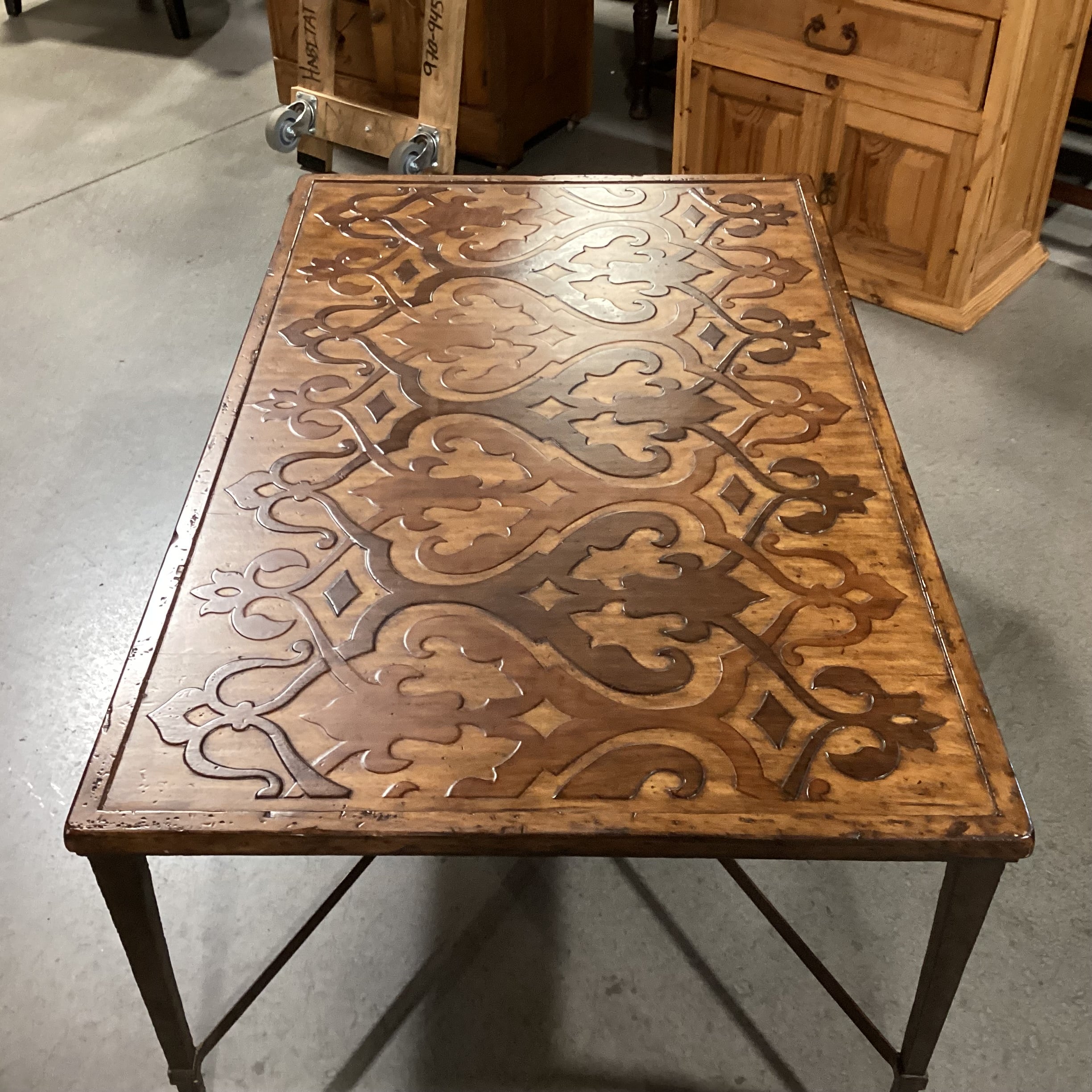 Ornate Hand Carved 2 Tone Distressed Wood & Iron X Stretcher Base Coffee Table 50"x 31"x 20"