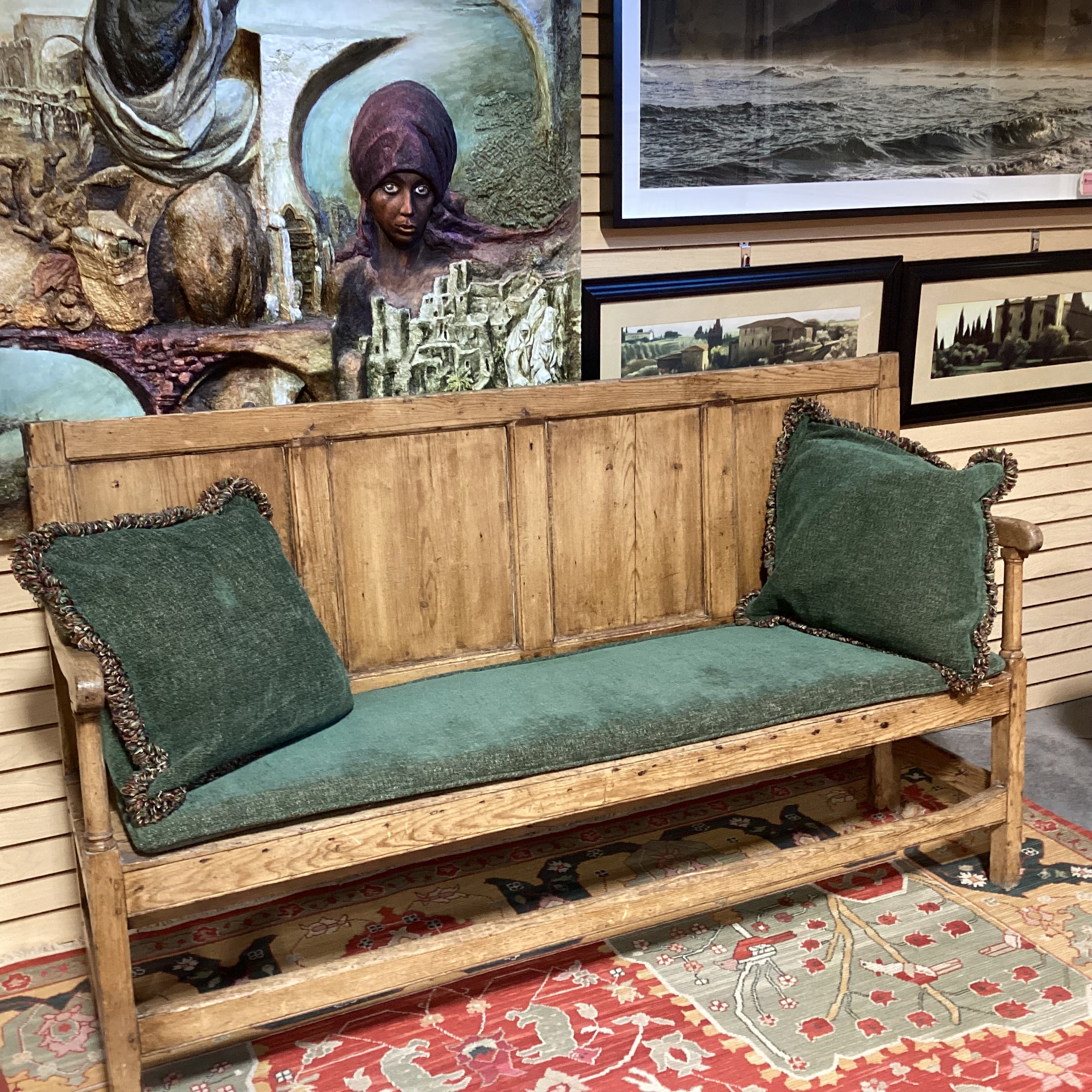 Antique Carved Pine with Panel Detail & Green Chenille Cushions Bench 71"x 19"x 42"