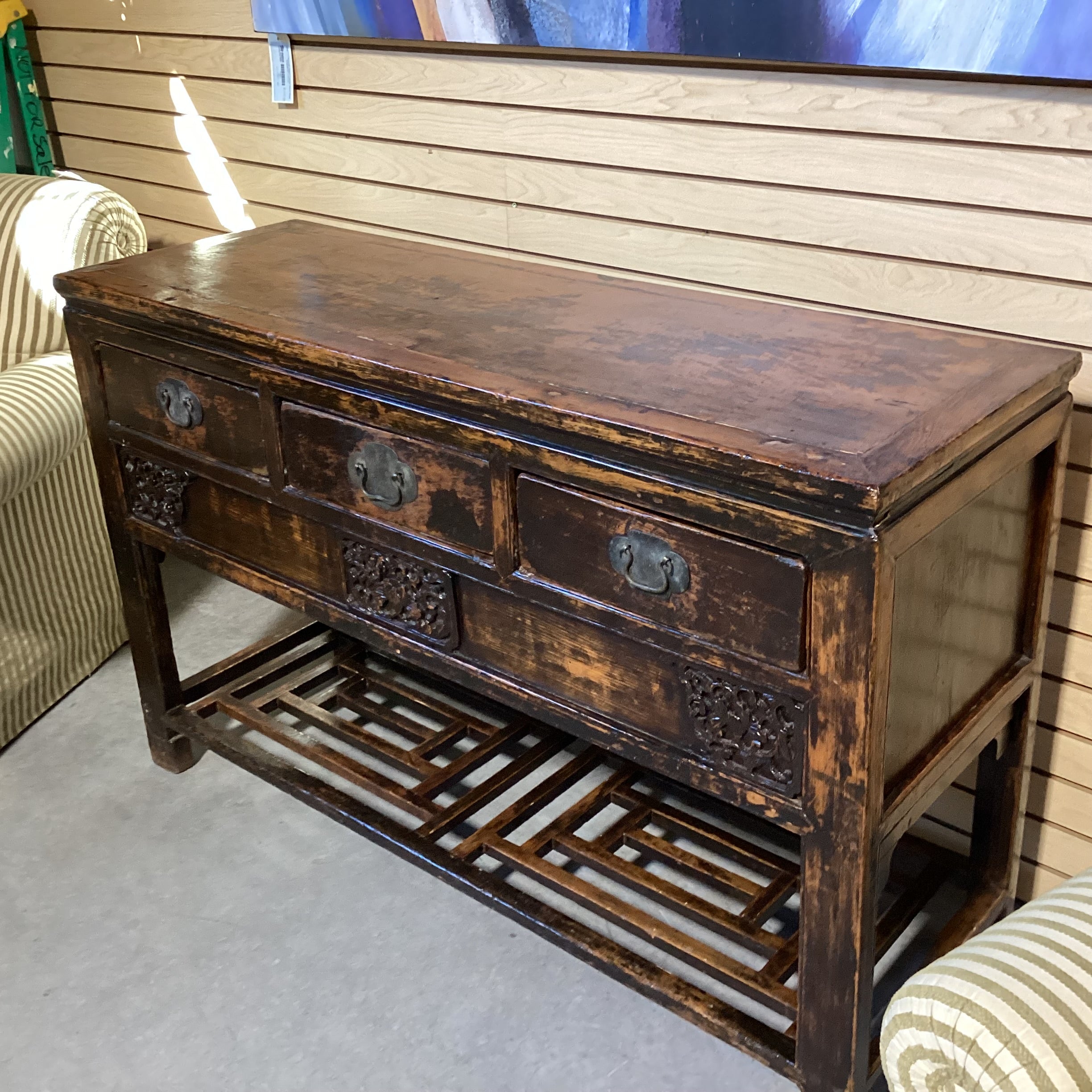 Vintage Antique Asian Carved Wood Lacquer Distressed Buffet 54.5"x 18.5"x 35"
