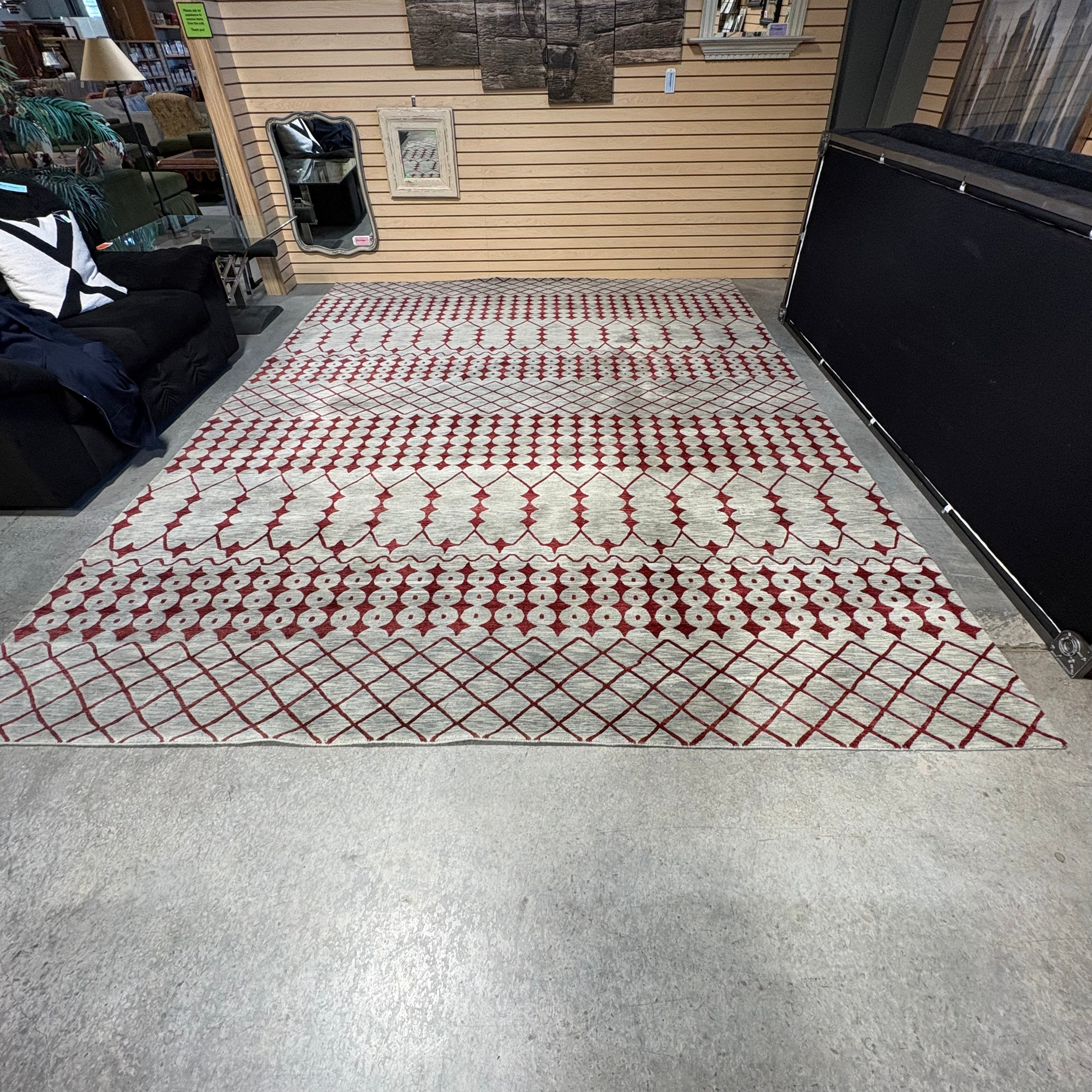 Isberian Custom Grey and Red Geometric Woven Wool Rug 10' x 13'