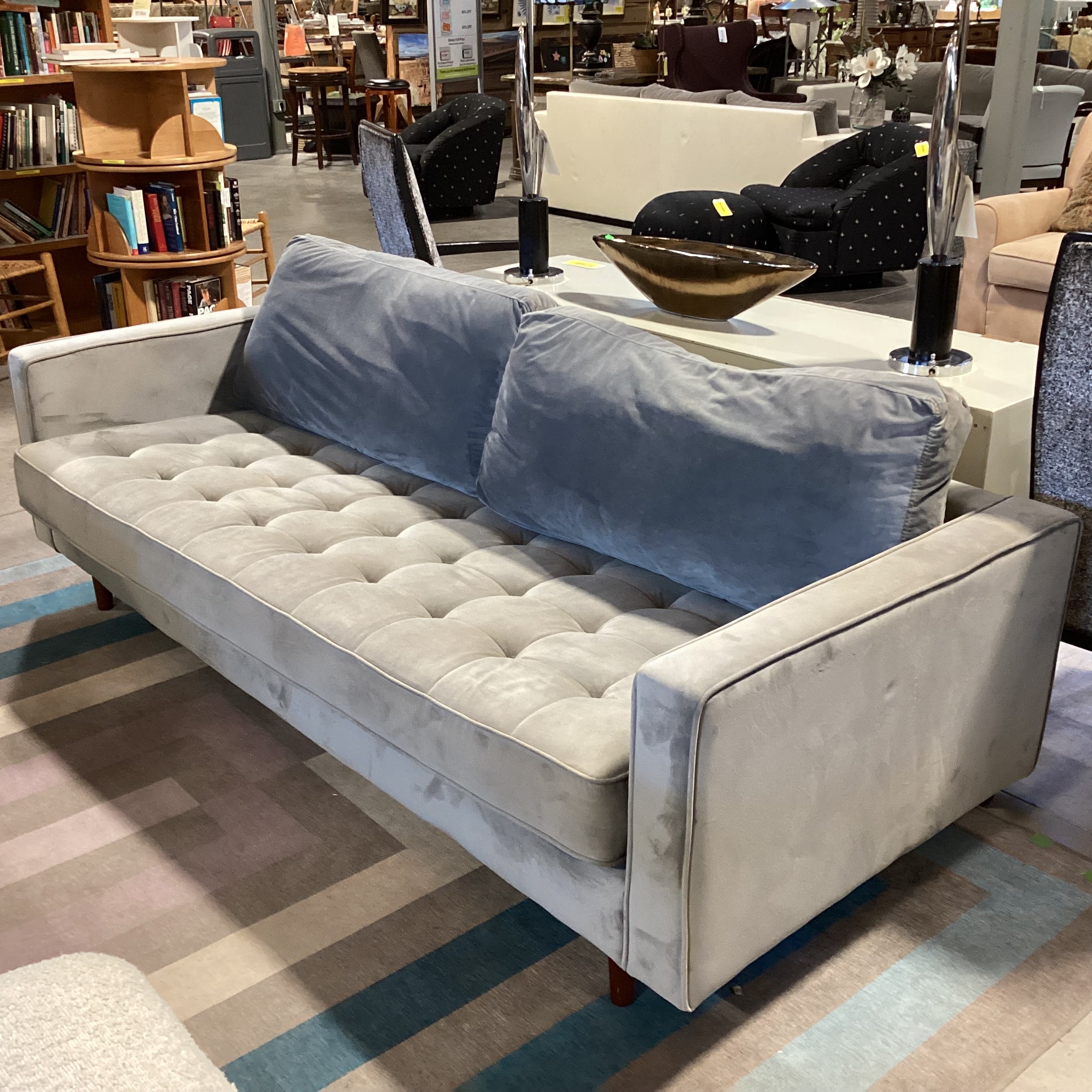Grey Plush Velveteen Tufted Seat Sofa 87"x 37"x 26"