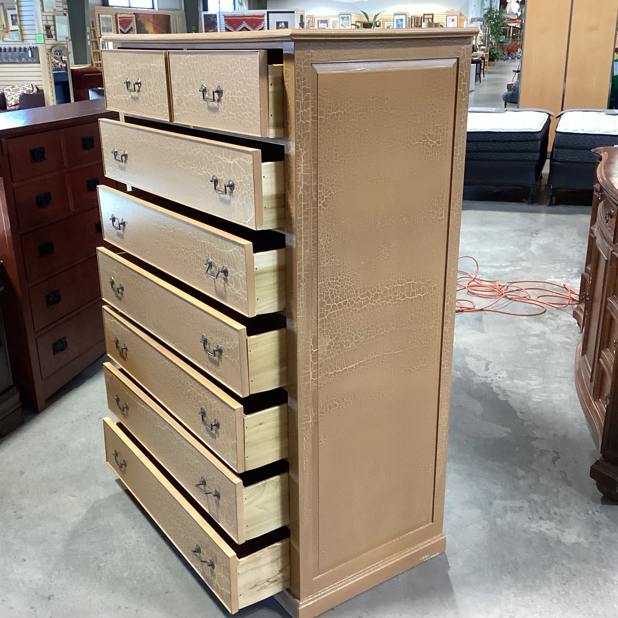 Custom Soild Wood with Tan & Cream Crackle Finish 8 Drawer Chest 42"x 22"x 60"