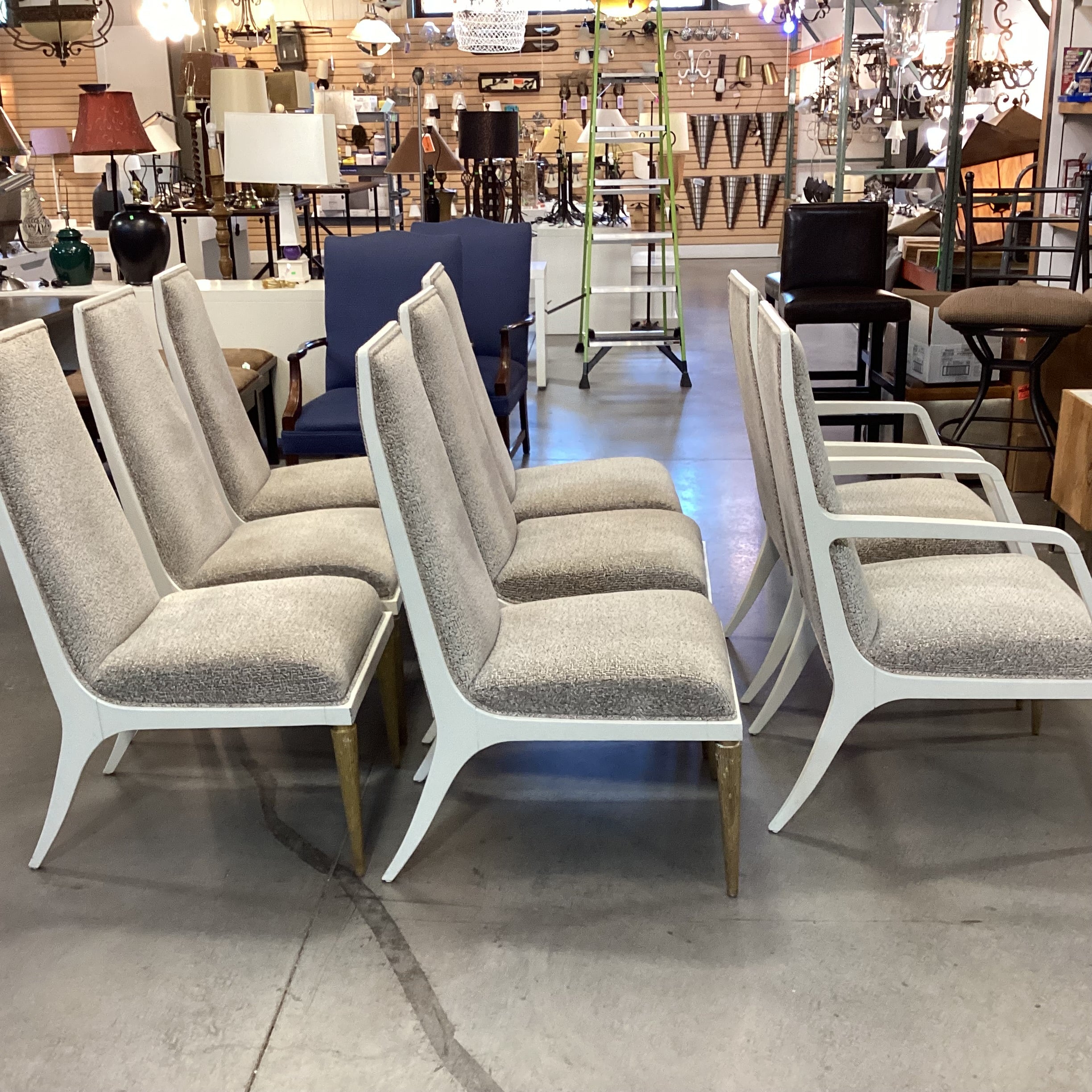 SET of 8 Jean Louis Denoit for Baker Taupe Cream Black Raised Chenille Woven & Cream Gold Wood Jasper Dining Chairs 23"x 28"x 42"