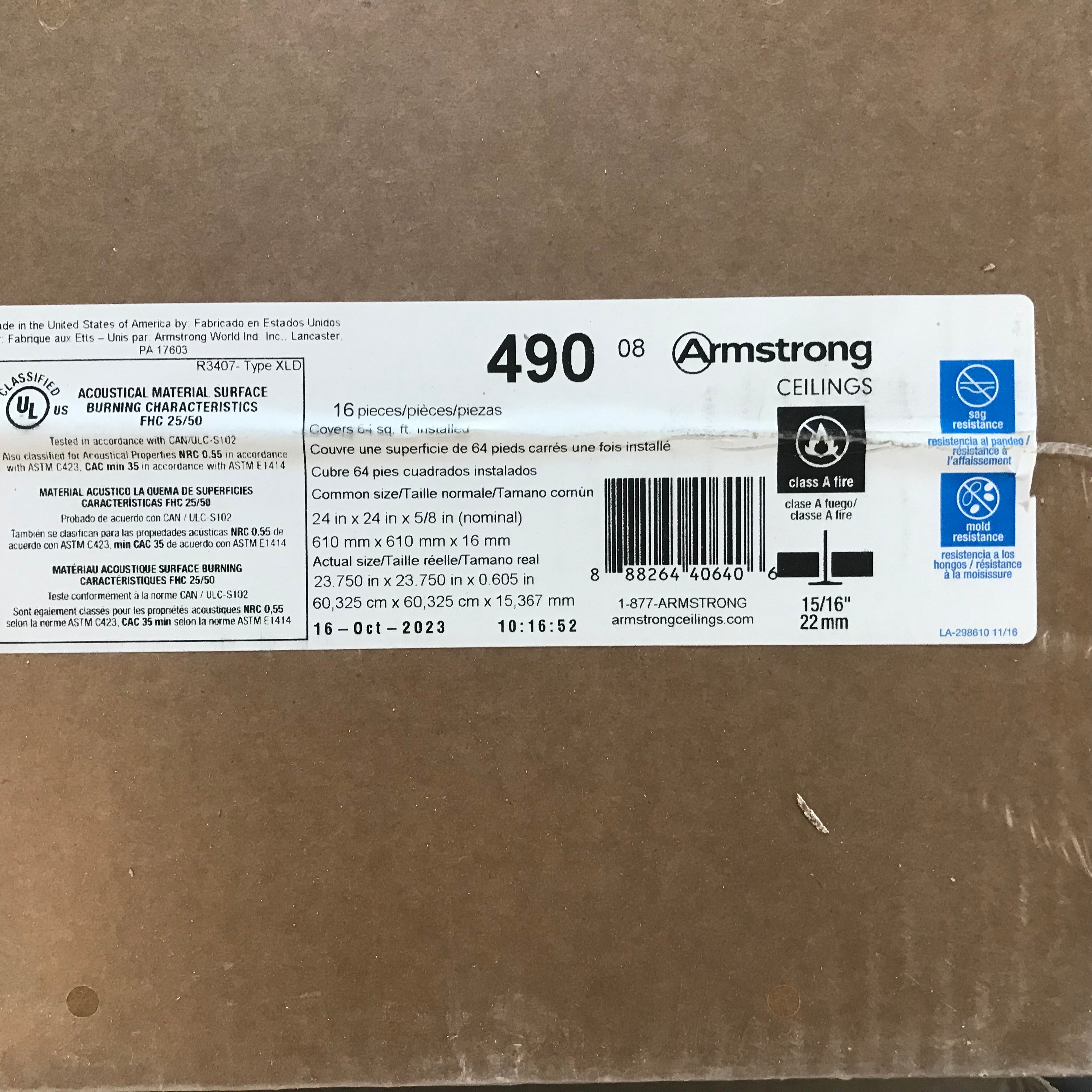 Armtrong 490 Class A Fire Rated Ceiling Tile 300 SqFt 2'x2'