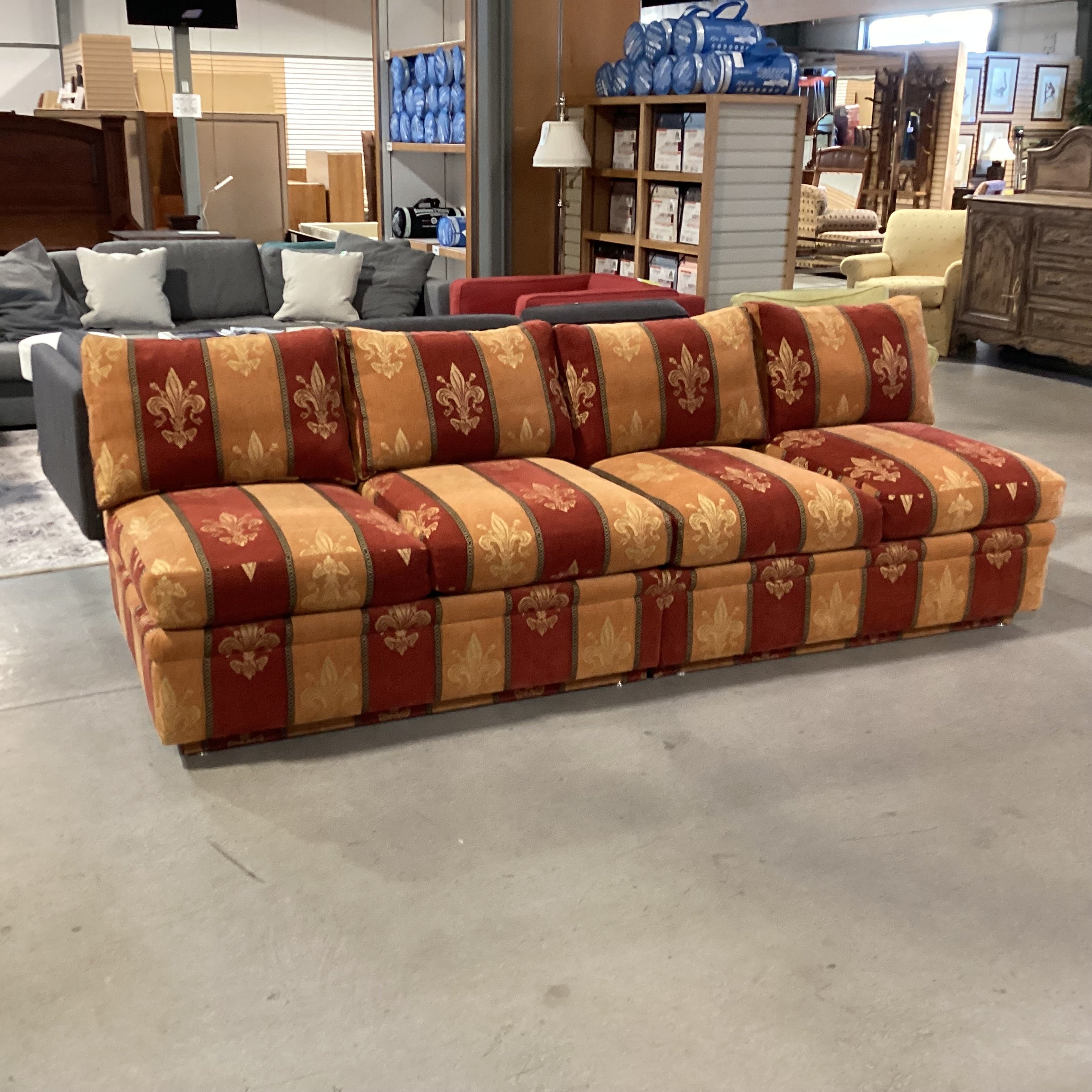 R Jones Custom Rust Gold Fleur De Lis Down Mix 2 Piece Sofa 103"x 37"x 30"
