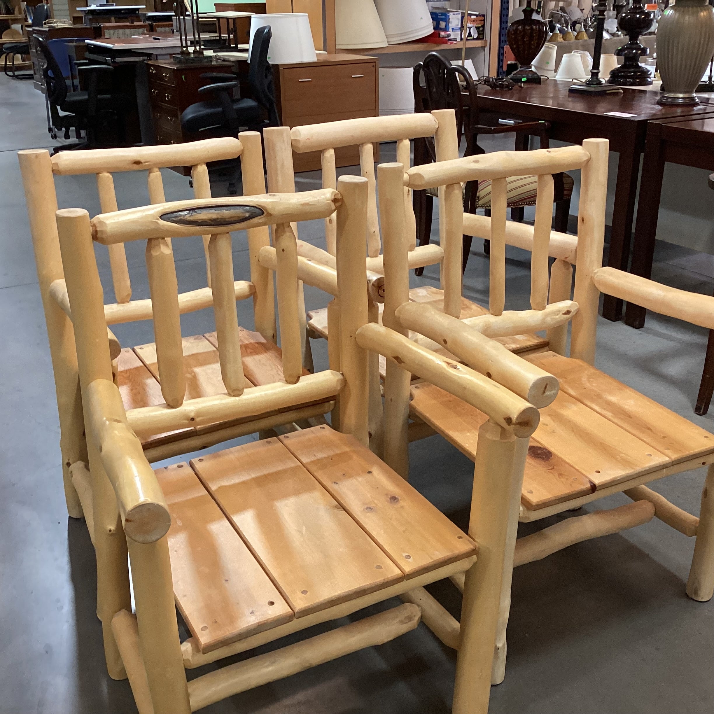 SET of 4 Natural Peeled Log with Plank Seat Armed Dining Chairs 23"x 22"x 36"