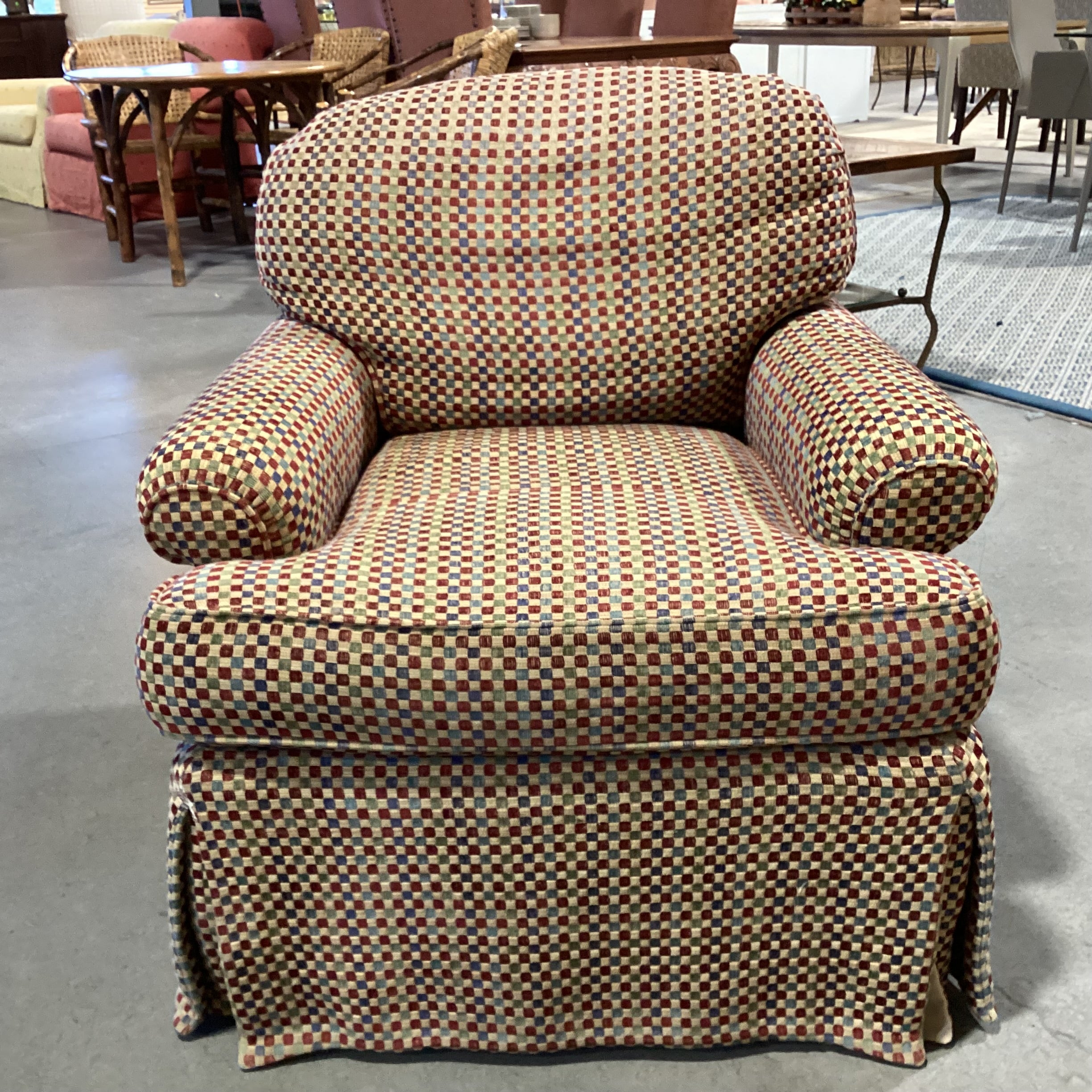 J Banks & Stanford Furniture Gold Red Blue Green Checker Woven Upholstered Swivel Chair 33"x 36"x 31"