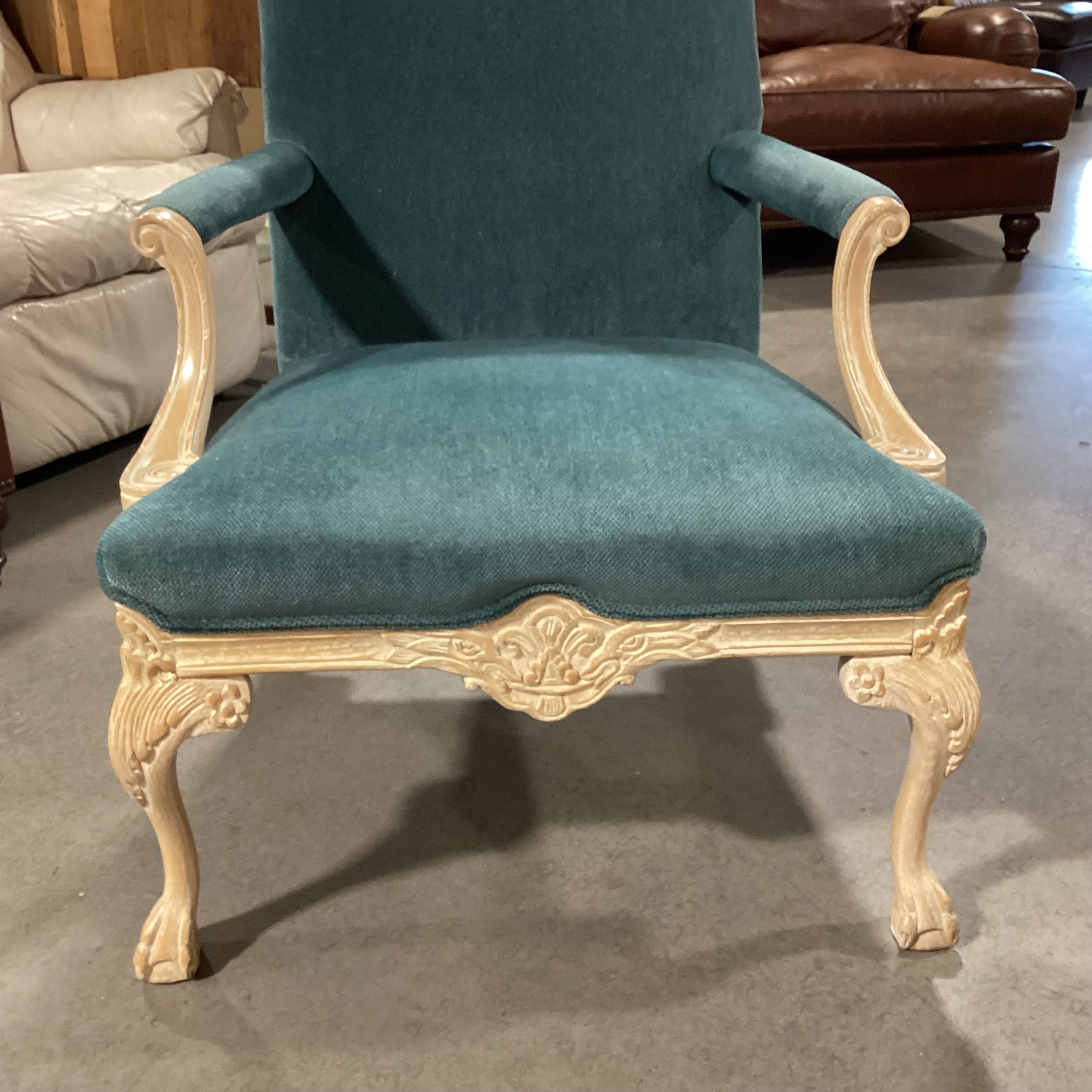 Teal Upholstered White Washed Carved Wood Chair 28"x 30"x 38"