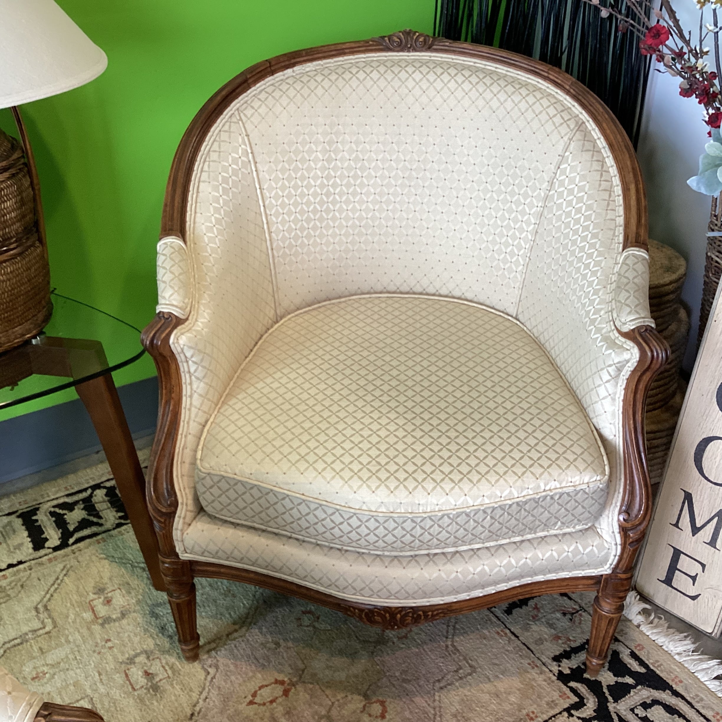 Antique Carved Oak & Golden Lattice Style Upholstery French Provincial Chair 32.5"x 34"x 38"