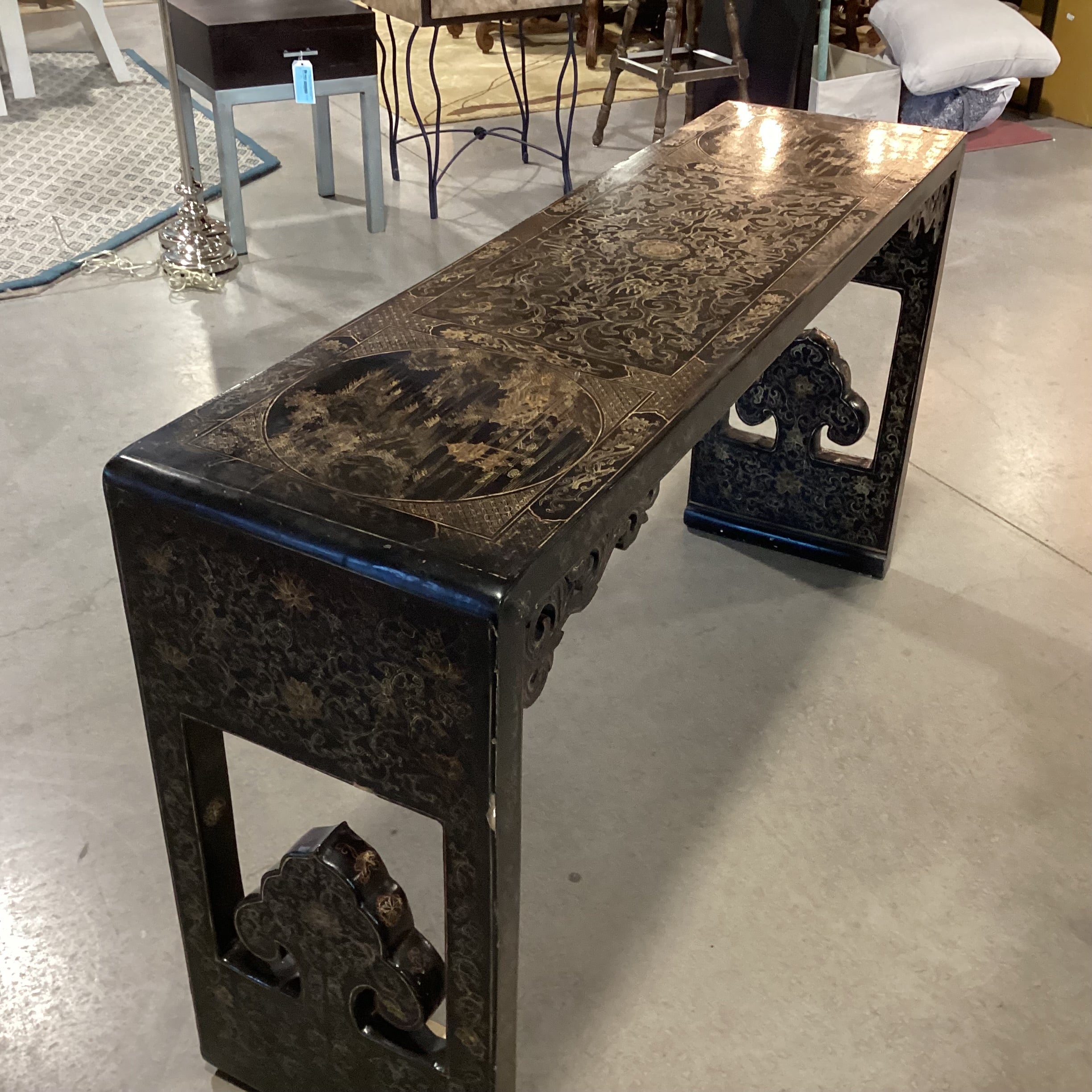Vintage Chinoiserie Black Lacquer & Gold Hand Painted Console Sofa Table 61"x 16"x 34"