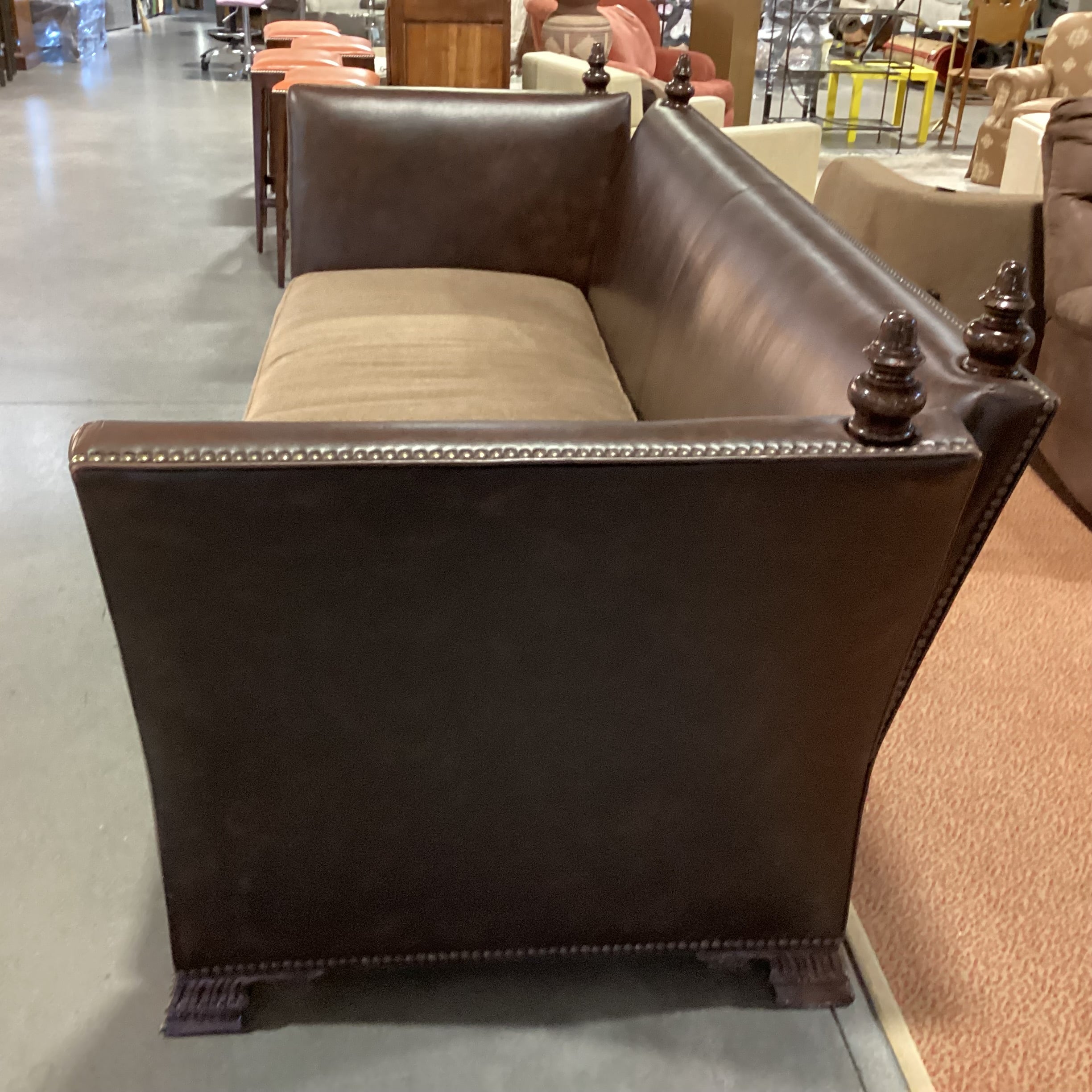 Knole House Style Leather Nailhead High Back & Wool Down with Ornate Finial Sofa 110"x 45"x 43"