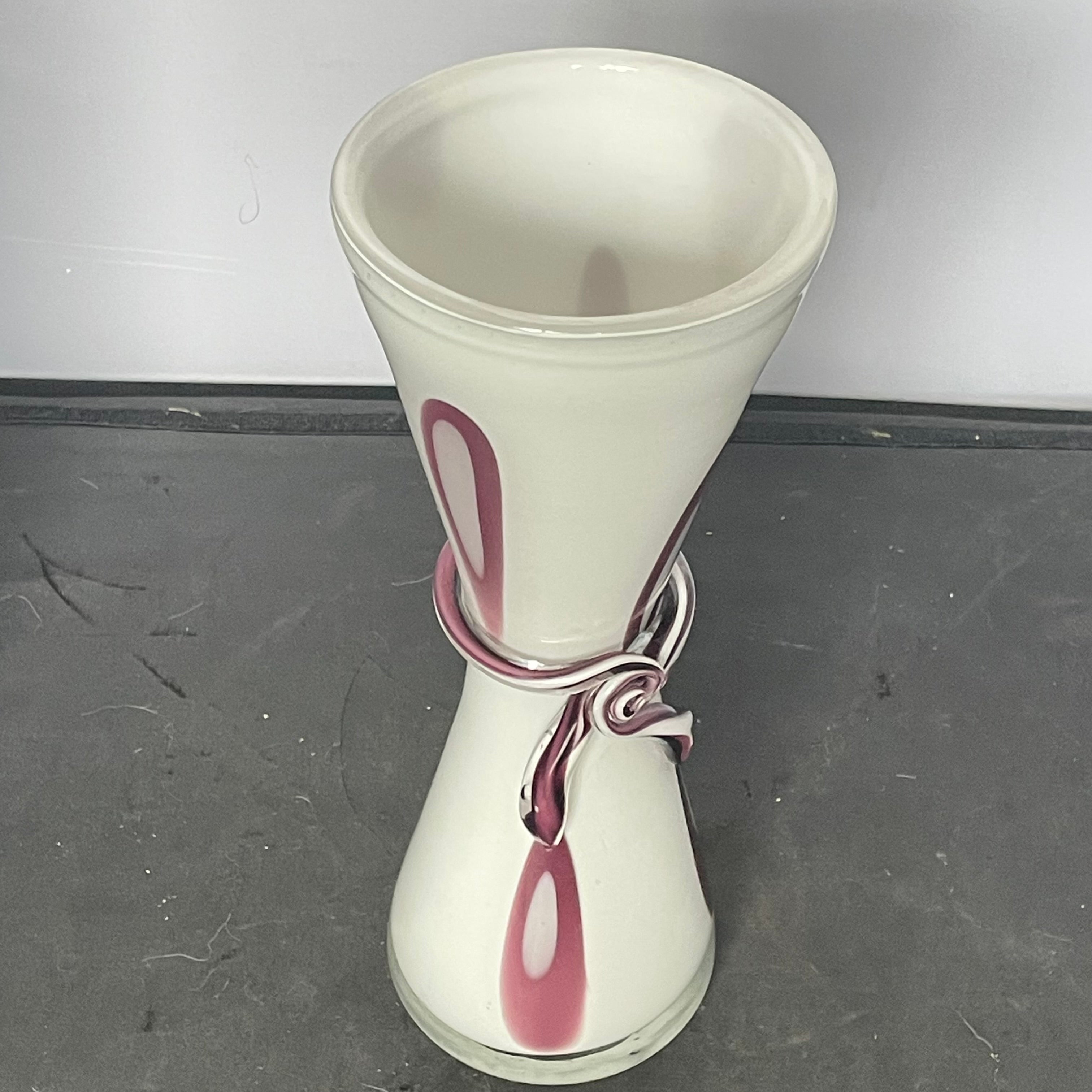 Murano Style Hand Blown White/Purple Bow Vase, 5"x 13"
