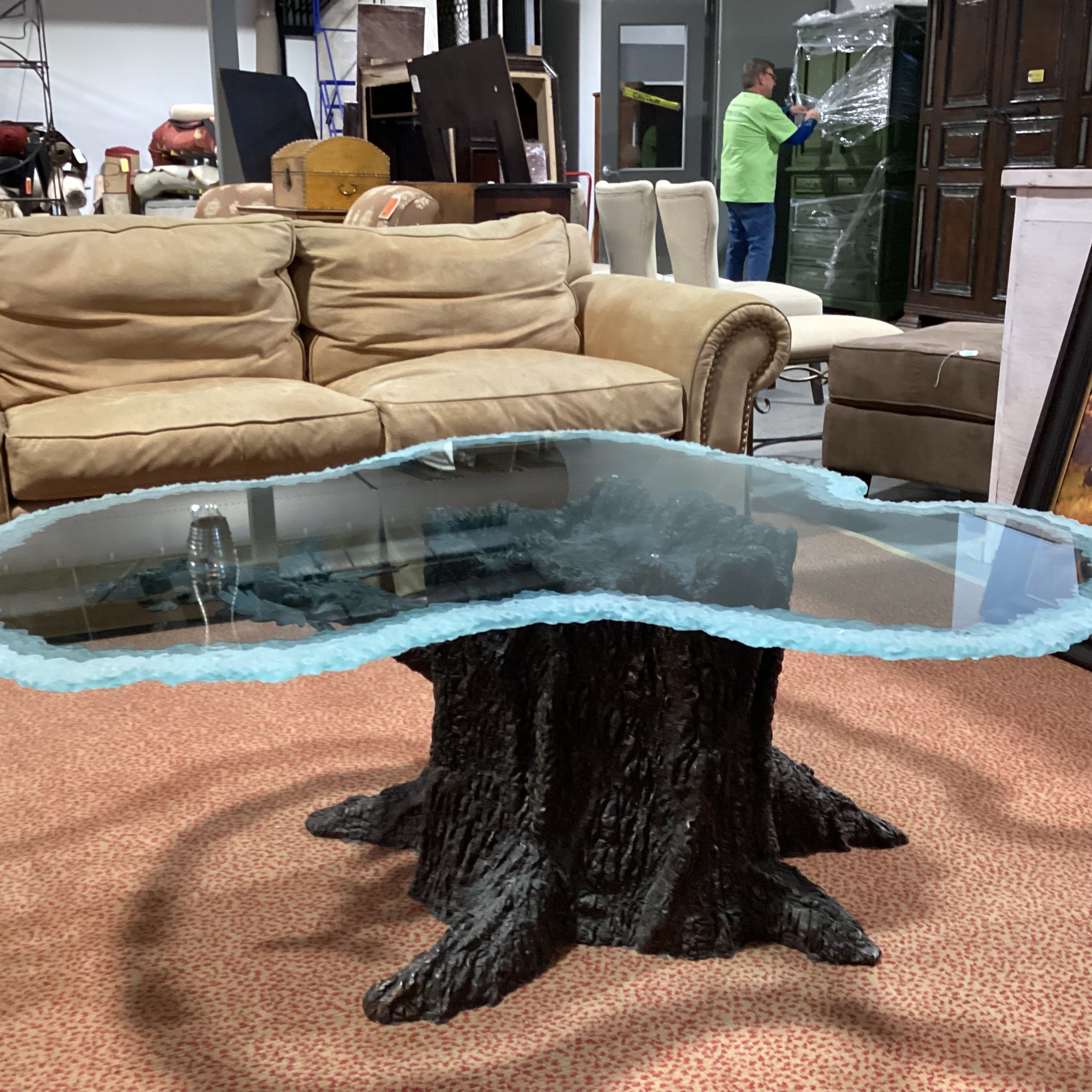 Kevin Clark Resin Cast & Iron Acorn Leaf Tree Trunk with Frosted Live Edge Glass Coffee Table 55"x 48"x20"