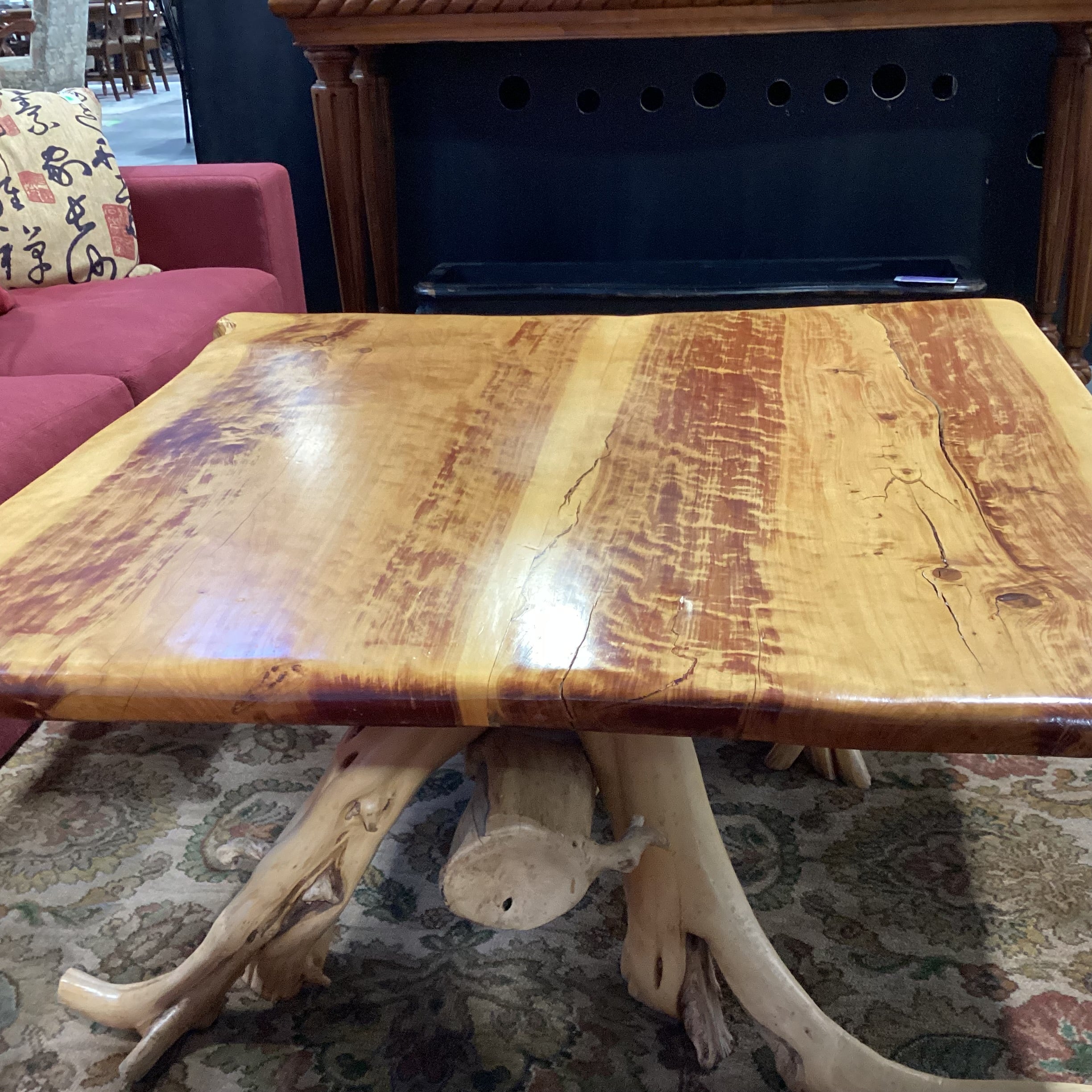 Hand Crafted Live Edge & Stump Trestle Coffee Table 44"x 44"x 20"