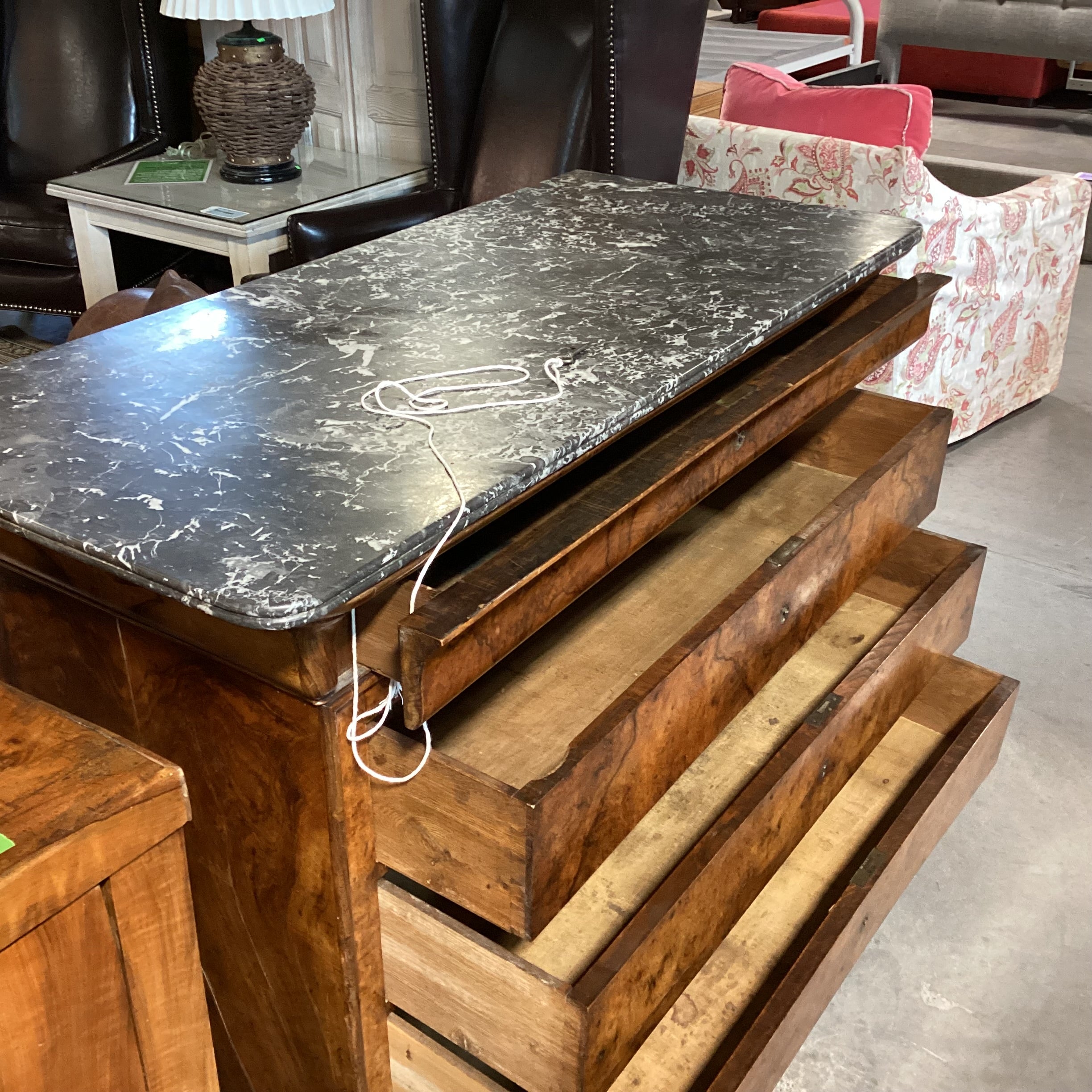 Antique Mediterranean Olive Burl 4 Drawer with Marble Top Desk 52"x 24.5"x 39"